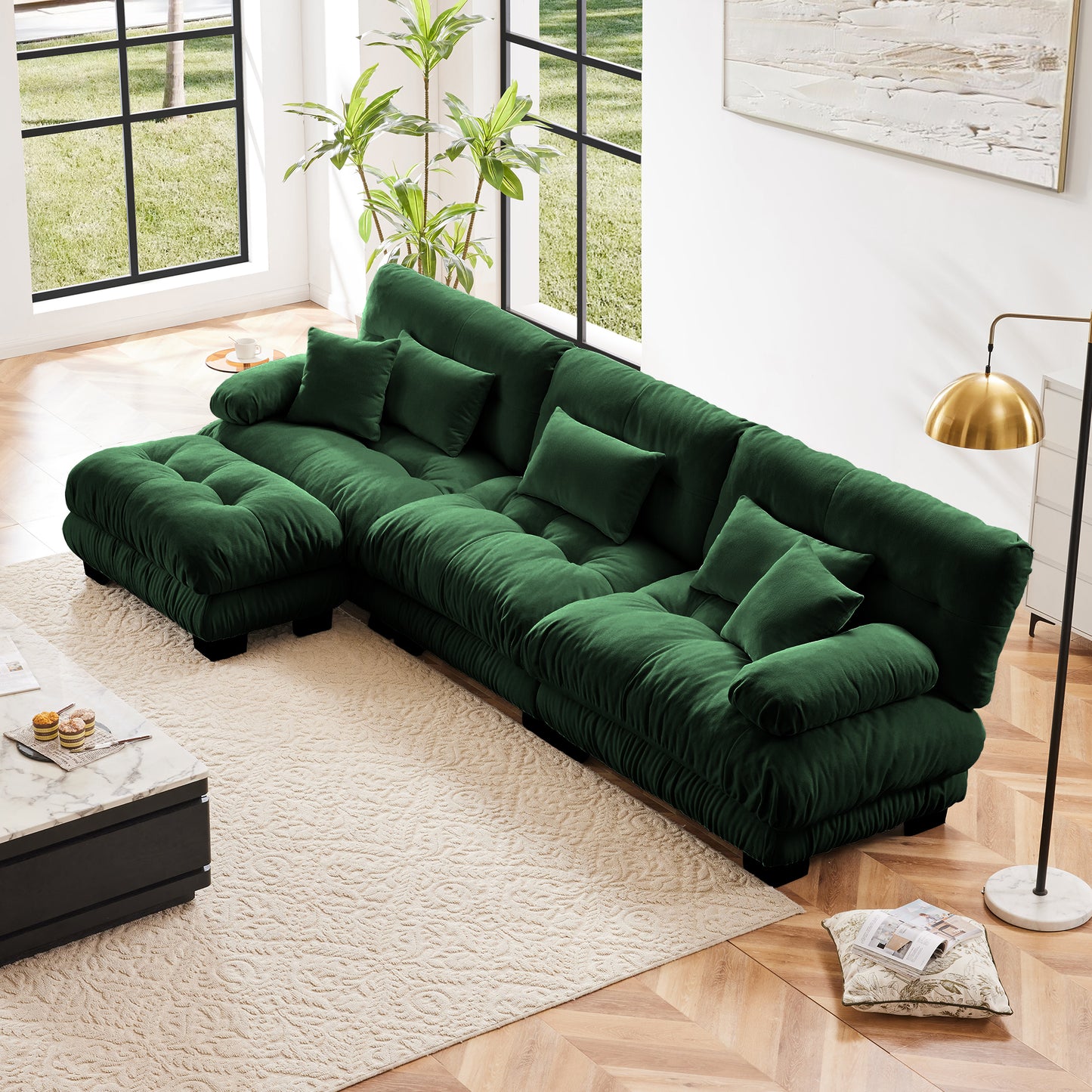 Luxury Modular Sectional Sofa Couch,Oversized L Shaped Cloud Couch for Living Room,Deep Seat Sofa Couch with Convertible Ottoman,Chenille Green image 1
