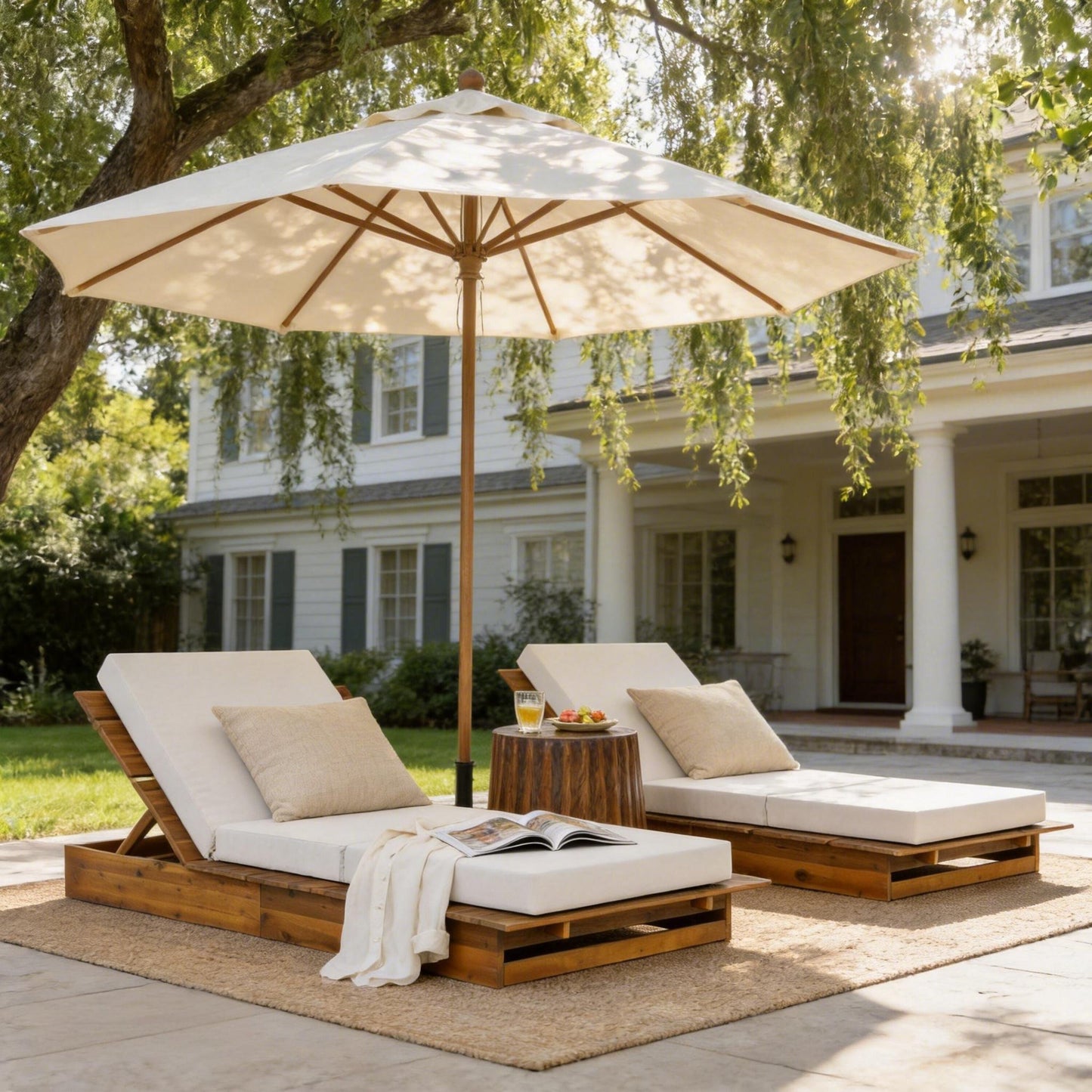 Acacia Wood Chaise Lounge with 4" Thick 3-Fold Cream Movable Cushion – Wide Teak Finish Patio Lounger, 3-Position Recliner, 400 lbs Capacity image 5