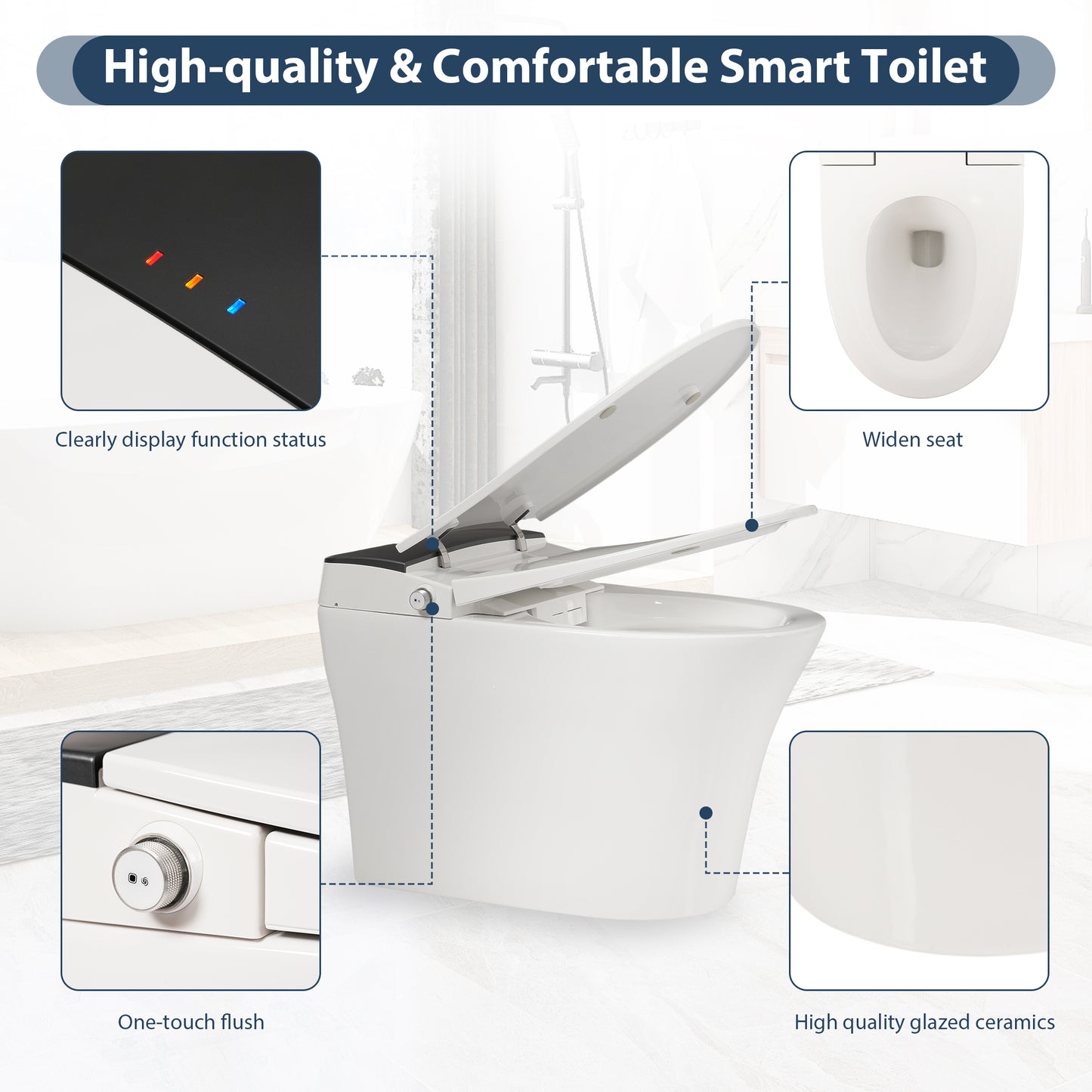 Heated Seat Smart Toilet, One Piece Toilet, Automatic Flush Tankless Toilet without Bidet, with Foot sensor Flush, Blue Night Light, Knob Control, Power Outage Flushing, Soft Close Cover,White image 4