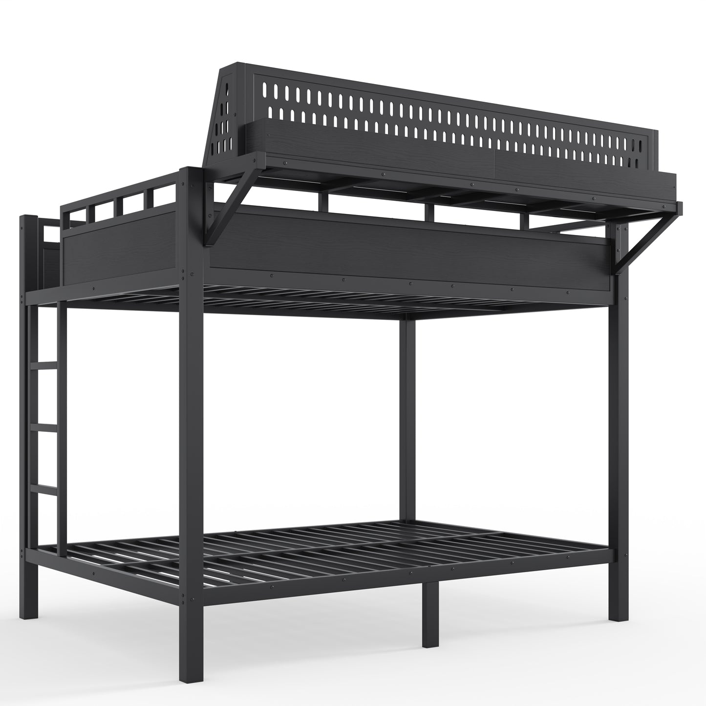 Full over Full Size Metal Bunk Bed with Storage Shelves and Pegboard, Bunk Bed Frame with USB Ports and LED Lights, Space-Saving, for Teens and Adults, Black image 9