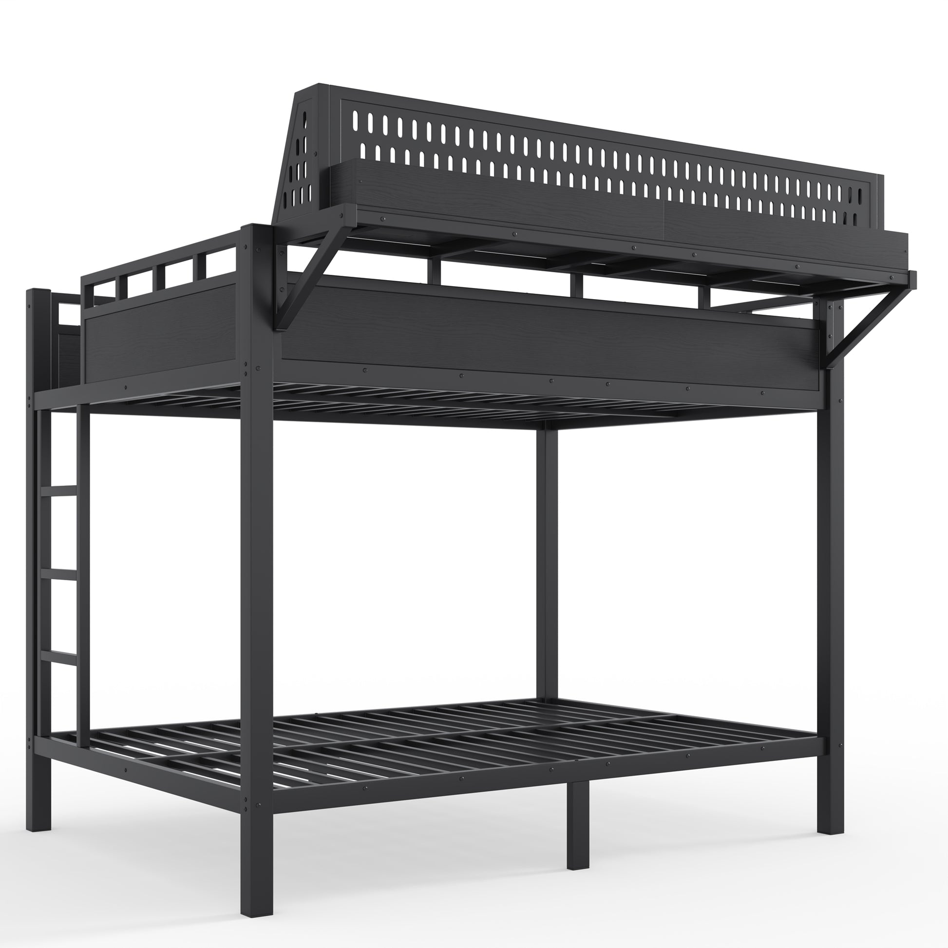Full over Full Size Metal Bunk Bed with Storage Shelves and Pegboard, Bunk Bed Frame with USB Ports and LED Lights, Space-Saving, for Teens and Adults, Black image 9