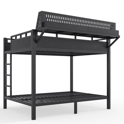 Full over Full Size Metal Bunk Bed with Storage Shelves and Pegboard, Bunk Bed Frame with USB Ports and LED Lights, Space-Saving, for Teens and Adults, Black image 9