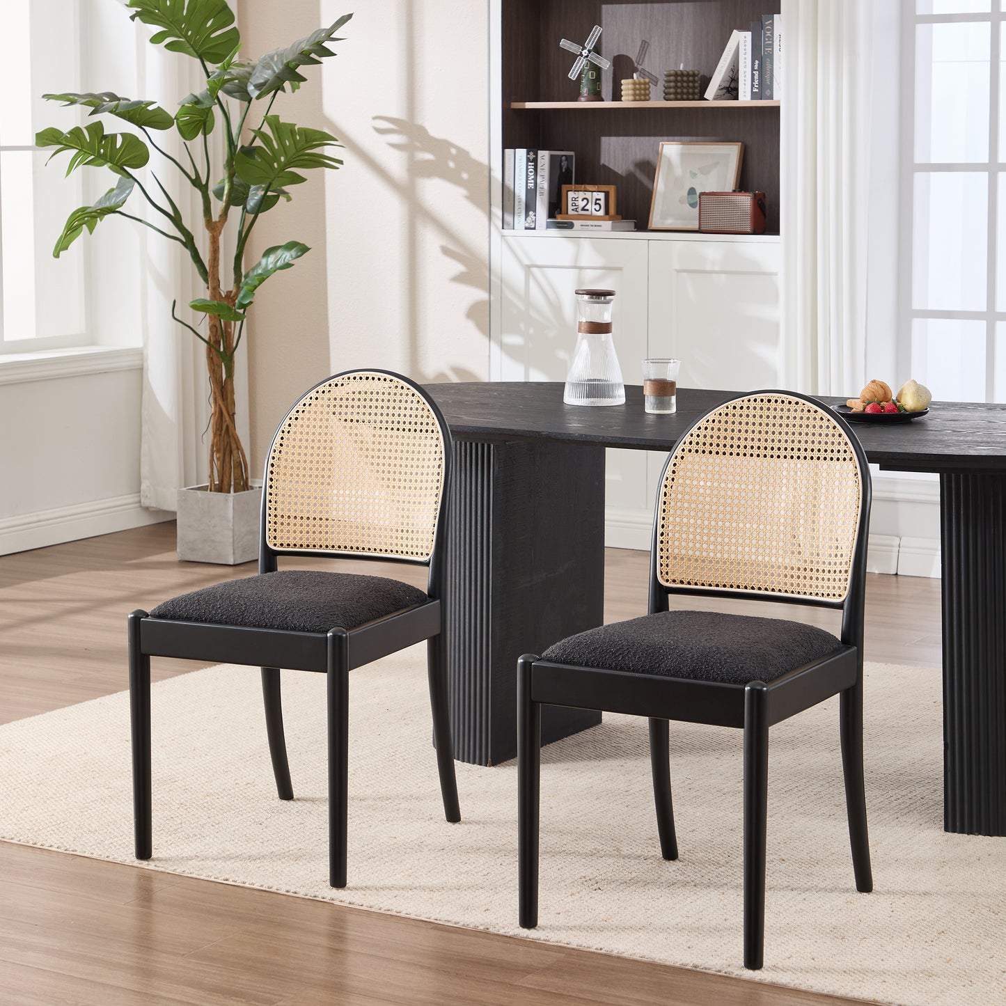 Rattan Dining Chairs Set of 2, Upholstered Linen Dining Room Chairs with Backrests, Modern Kitchen Chairs with Wood Legs for Dining Room, Black image 4