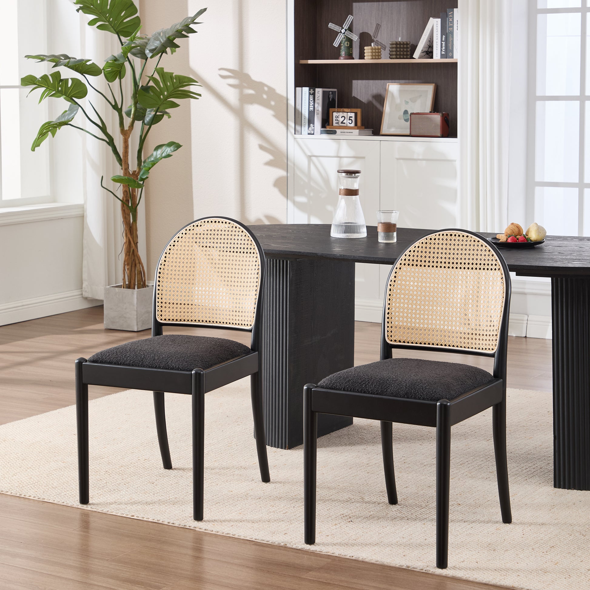 Rattan Dining Chairs Set of 2, Upholstered Linen Dining Room Chairs with Backrests, Modern Kitchen Chairs with Wood Legs for Dining Room, Black image 4