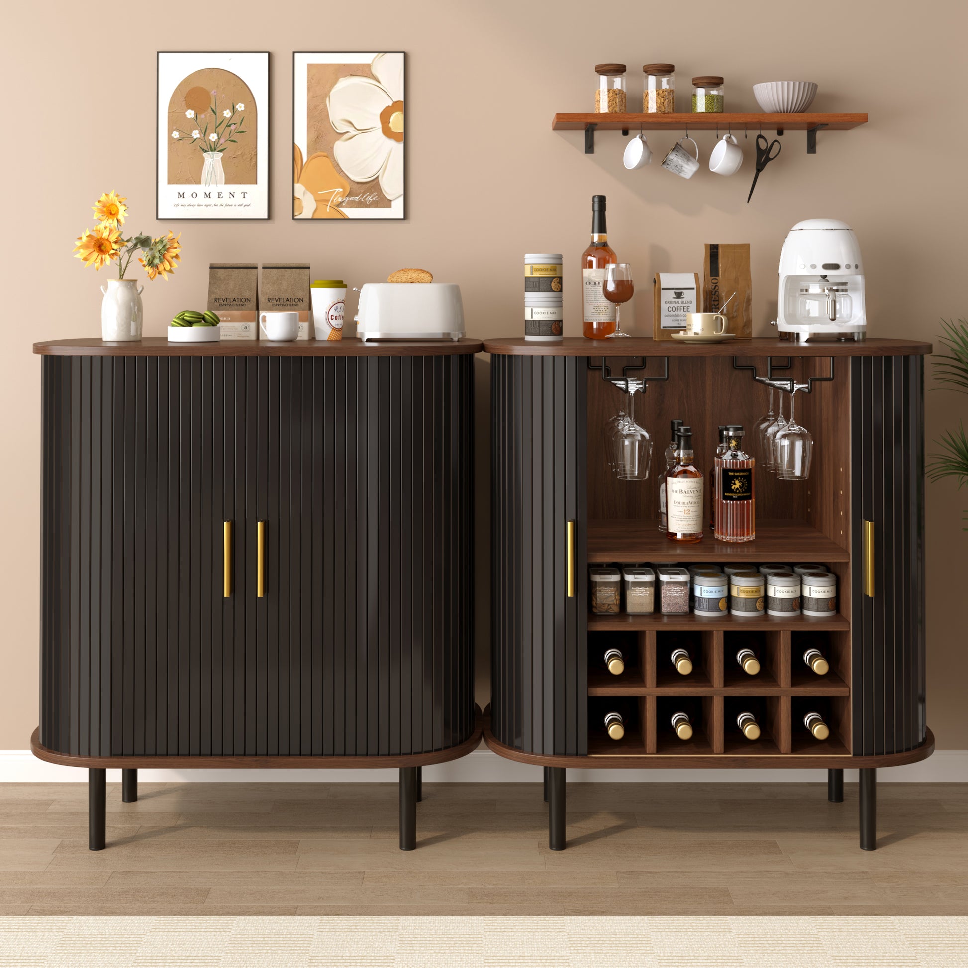 28" Fluted Wine Bar Cabinet with 8-Grid Wine Rack, 5-Level Adjustable Shelves, 2 Glass Holders, Smoothly Sliding Tambour Doors, 4 Hidden Storage Space on the Side, Modern Liquor Coffee Station, Black image 10