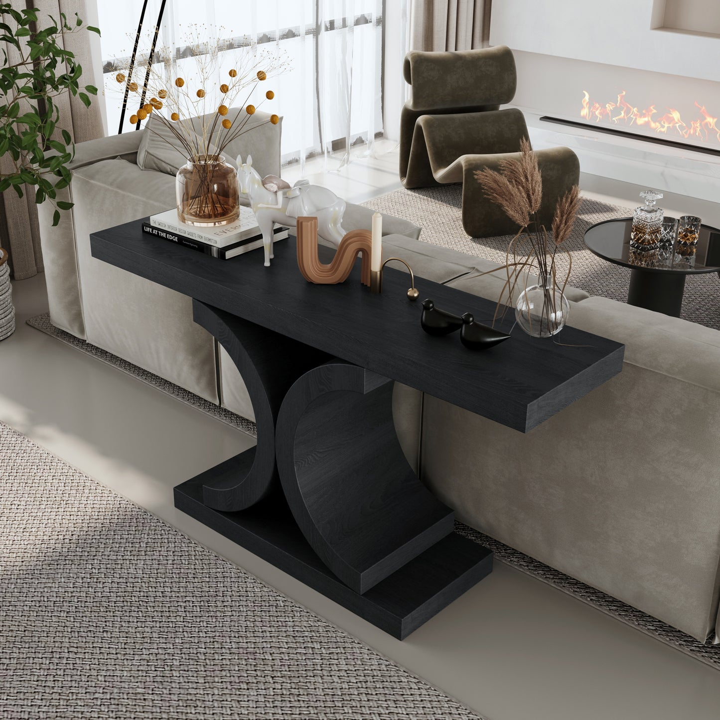 60" Black Console Table, Modern Narrow Sofa Table with Sculptural Curved Base, MDF with Real Wood Veneer Entryway Table, for Living Room, Hallway, Foyer, Black Oak image 2