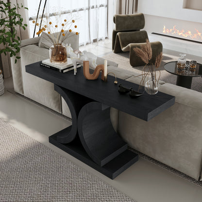 60" Black Console Table, Modern Narrow Sofa Table with Sculptural Curved Base, MDF with Real Wood Veneer Entryway Table, for Living Room, Hallway, Foyer, Black Oak image 2