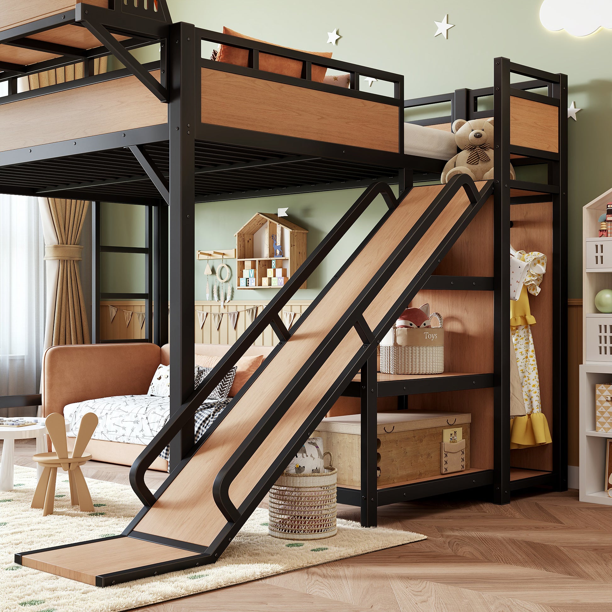 Queen Size Loft Bed with Slide, Storage Shelves and Built-in Wardrobe, Metal Loft Bed Frame with USB Ports and LED Lights, with Pegboard, Safety and Solid, Natural image 8