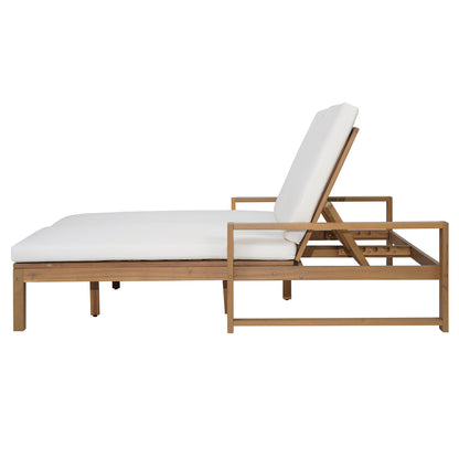 TREXM Outdoor Double Lounge Chair with 5-Position Adjustable Backrest for Each Seat, Wood Patio Chaise Lounge with Removable Cushions for Patio, Poolside, Garden (Light Teak+Beige cushion) image 2