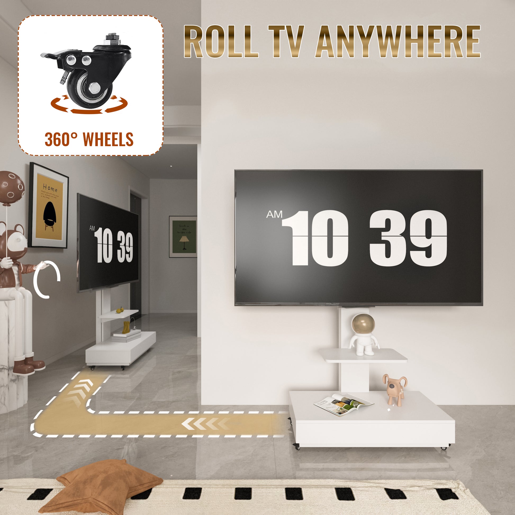 TV stand with push-pull drawer for Living Room, Bedroom,Offices,Adjustable Height Mobile TV Cart for 32-75 inches,tv stand with wheels,White image 4