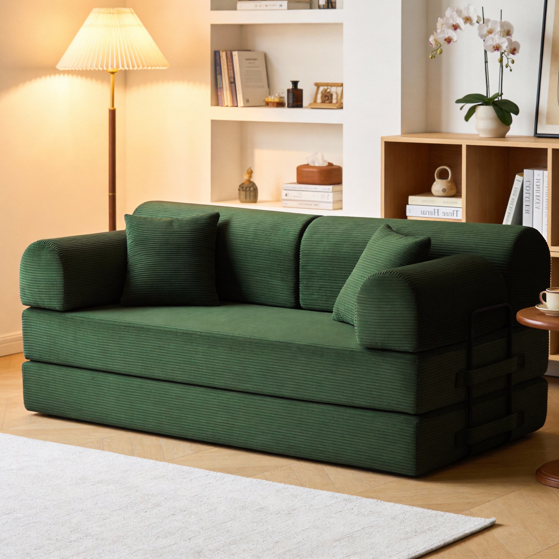 Convertible Sleeper Sofa Bed,Corduroy Folding Mattress Couch with Fixed-Shape Frame, Floor Sofa Lounge Couch for Living Room Bedroom(Green) image 1