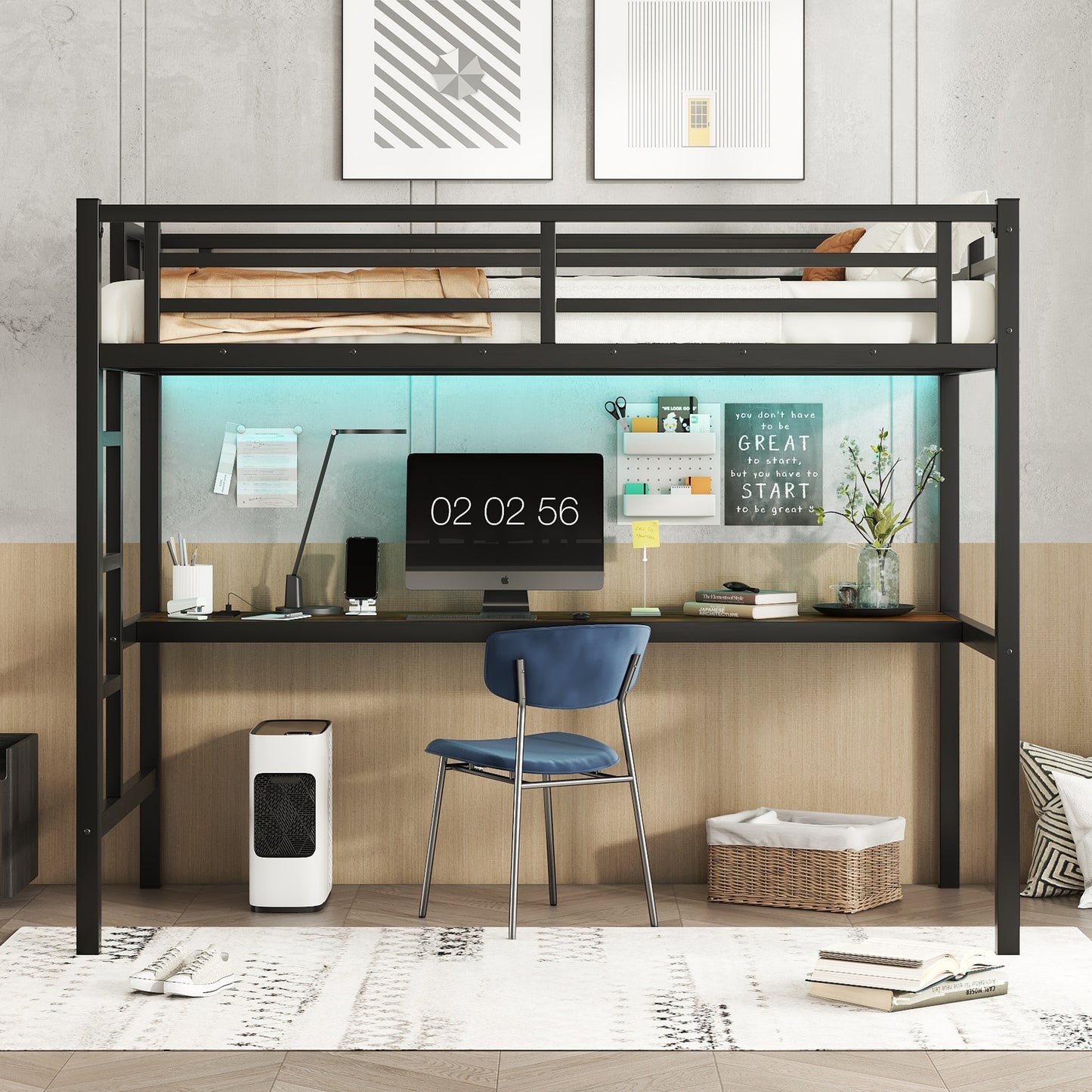 Metal Twin XL Size Loft Bed with Power Outlet and LED Lighted, Space-Saving, Noise Reduced, Black image 2