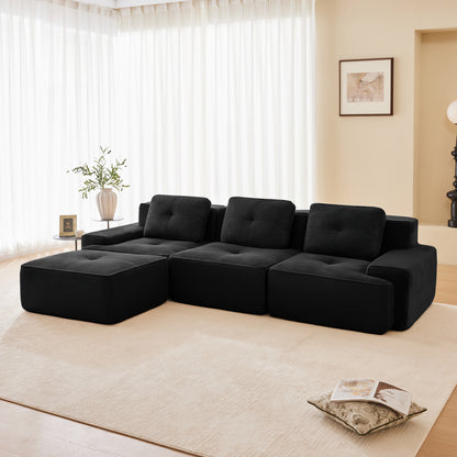 117" Modern L-Shaped Modular Sectional Sofa for Living Room, Corduroy Fabric,3-Seater Couch with Deep Seat and Movable Ottoman,Pearl-like piping, Tufted Design,No Assembly, Anti-slip Design​, Black image 2