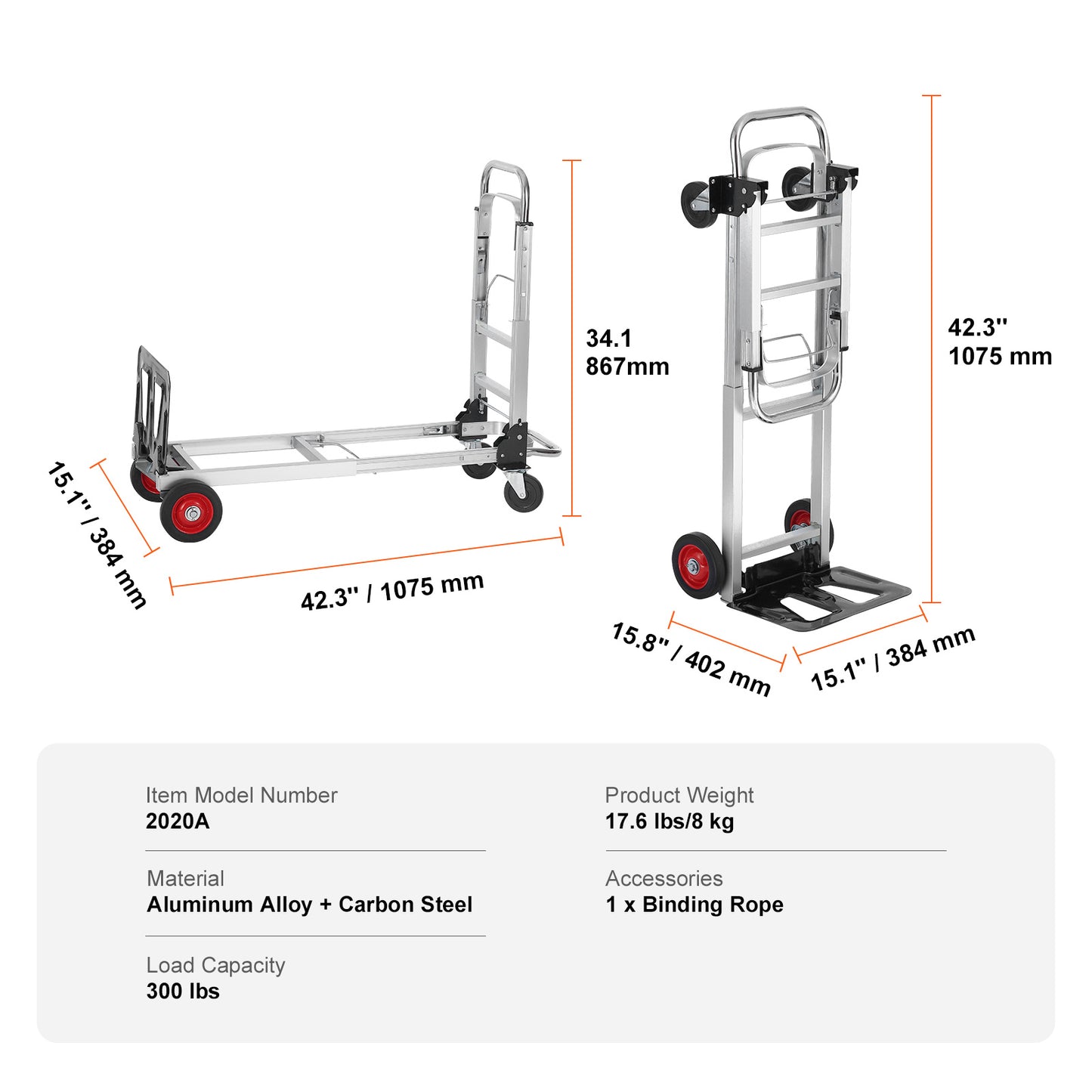 Aluminum Folding Hand Truck, 2 in 1 Design 400 lbs Capacity, Heavy Duty Industrial Collapsible cart, Dolly Cart with Rubber Wheels for Transport and Moving in Warehouse, Supermarket, Garden image 7
