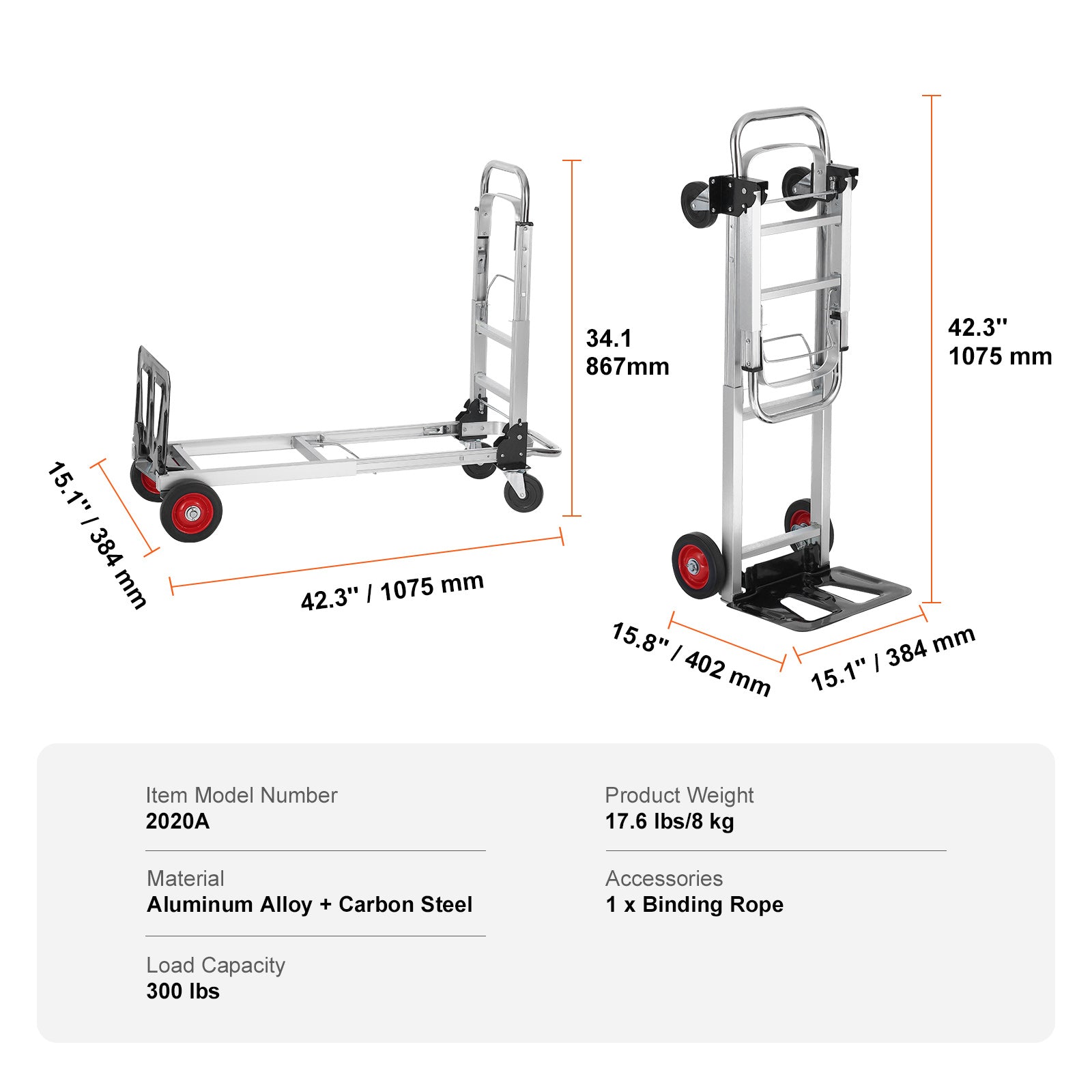 Aluminum Folding Hand Truck, 2 in 1 Design 400 lbs Capacity, Heavy Duty Industrial Collapsible cart, Dolly Cart with Rubber Wheels for Transport and Moving in Warehouse, Supermarket, Garden image 7