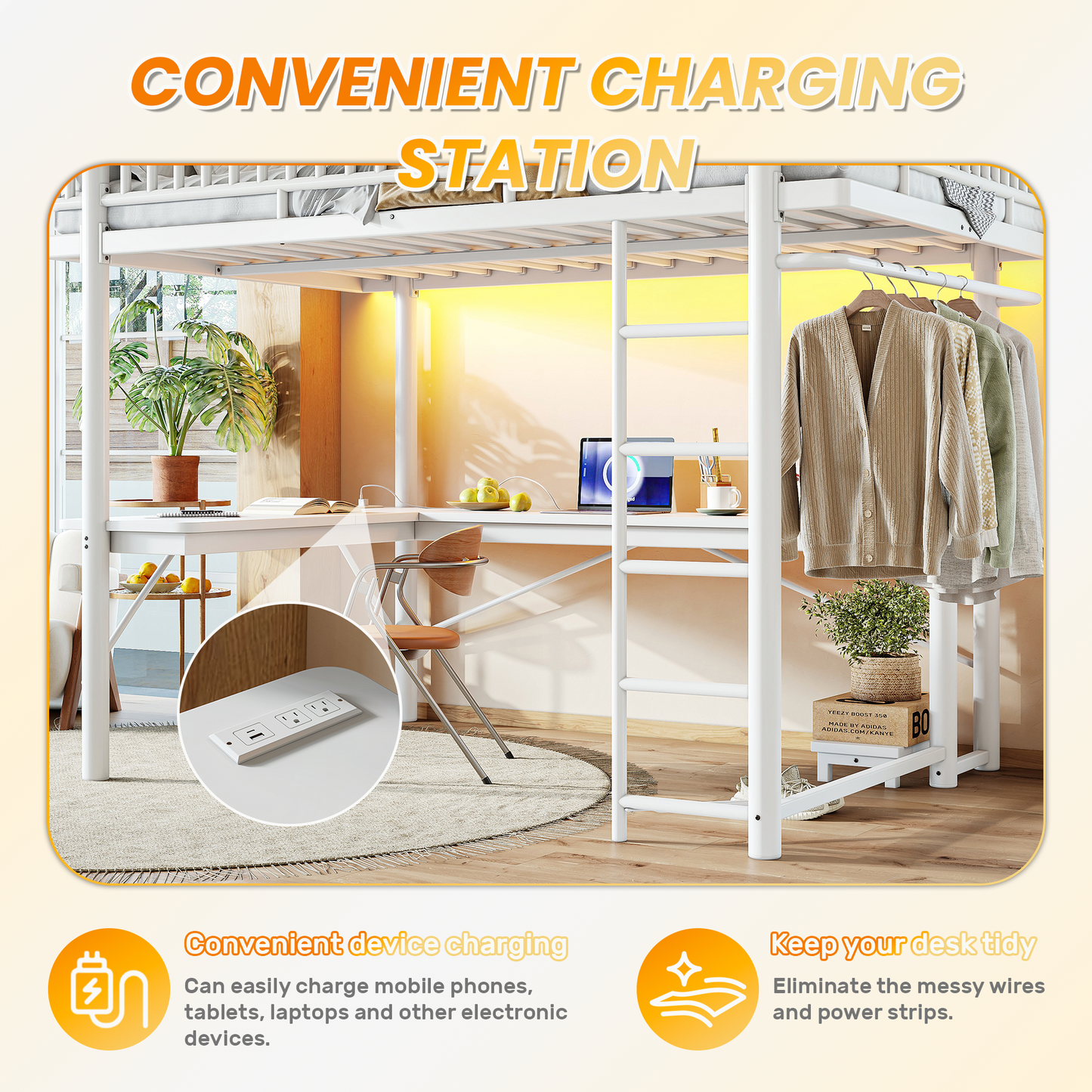 Queen Loft Bed with L-Shaped Desk,LED Light Strip and Charge Station, Metal Loft Bed with Computer Mainframe Tray and Hanging Area, Special Round Pipe Design, White image 11