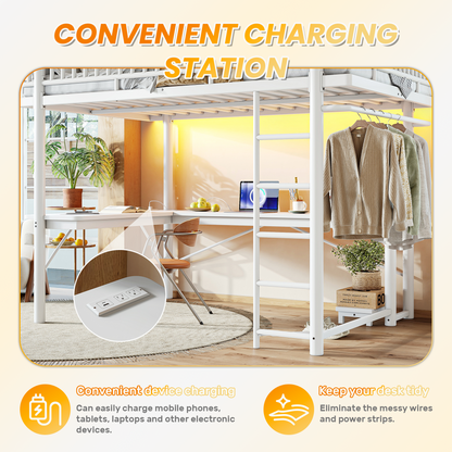 Queen Loft Bed with L-Shaped Desk,LED Light Strip and Charge Station, Metal Loft Bed with Computer Mainframe Tray and Hanging Area, Special Round Pipe Design, White image 11