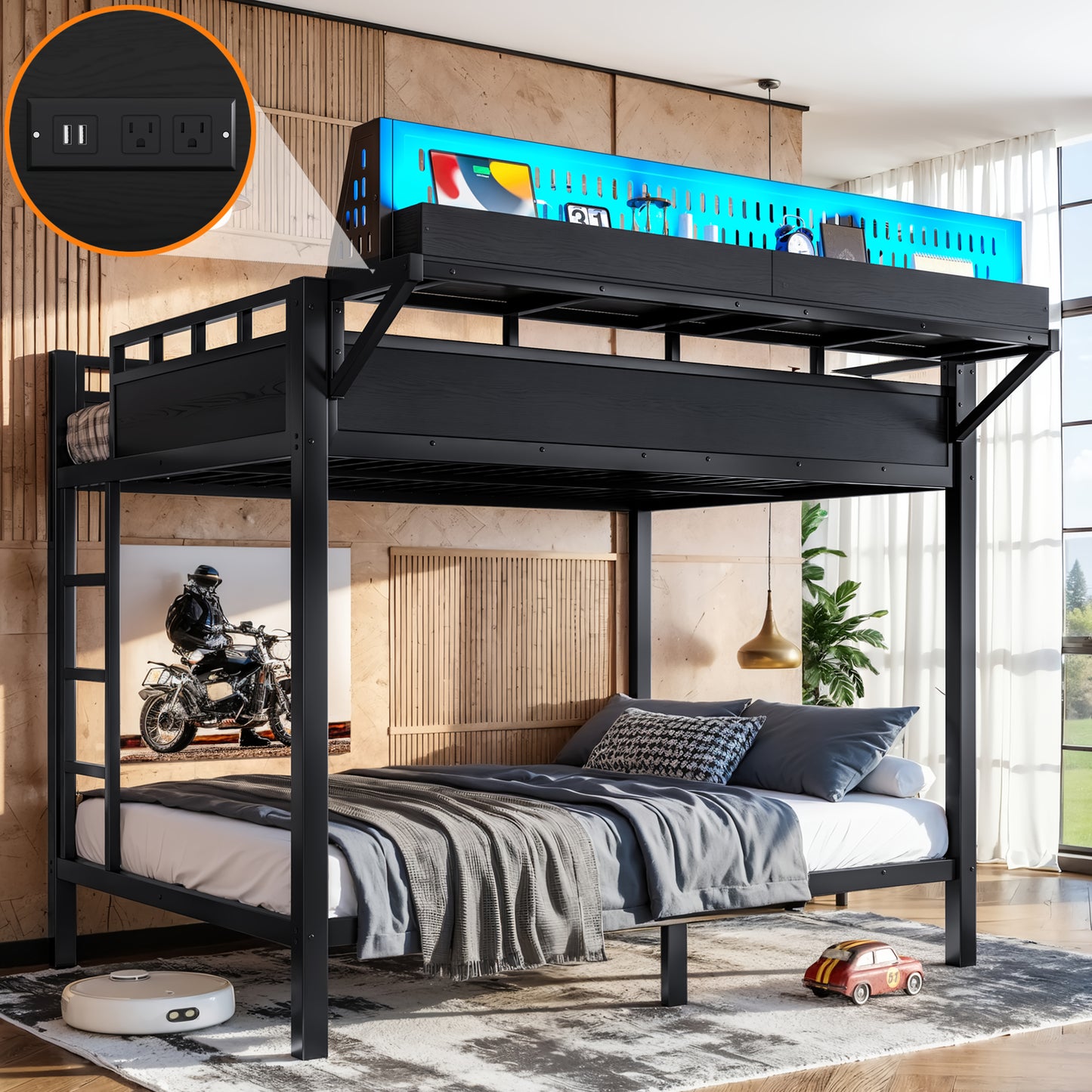 Full over Full Size Metal Bunk Bed with Storage Shelves and Pegboard, Bunk Bed Frame with USB Ports and LED Lights, Space-Saving, for Teens and Adults, Black image 1