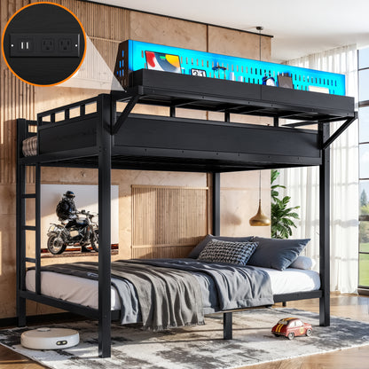 Full over Full Size Metal Bunk Bed with Storage Shelves and Pegboard, Bunk Bed Frame with USB Ports and LED Lights, Space-Saving, for Teens and Adults, Black image 1