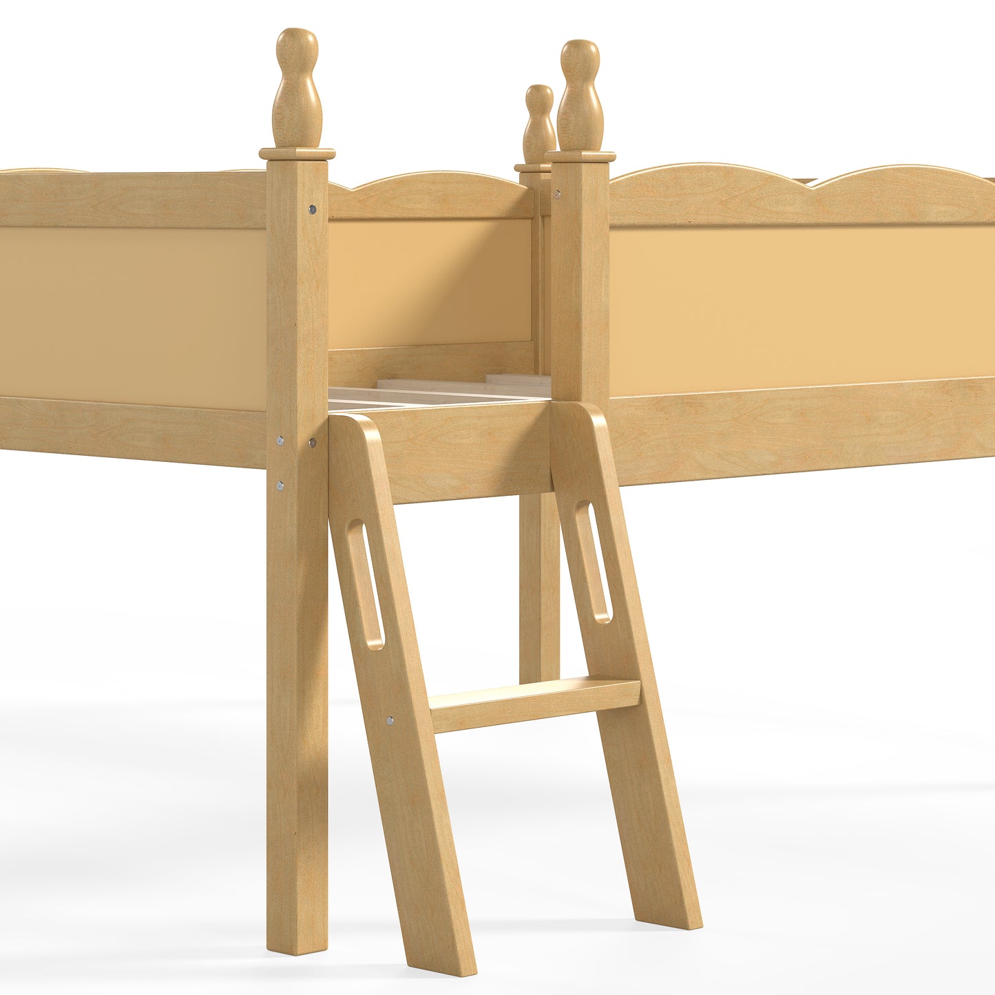 Full Size Loft Bed with Full-Length Guardrails, Solid Wood Low Loft Bed with Ladders and Beside Book Shelf, Chic Shape and Low Profile Design, Natural image 11