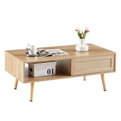 41.34" Rattan Coffee table, sliding door for storage, solid wood legs, Modern table for living room, natural image 6