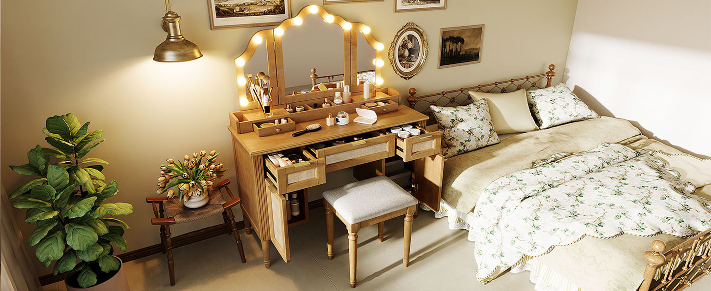 44.37" Makeup Vanity Desk with Stool Set, 13 Hollywood Bulbs & 3 Lighting Modes Dressing Table, Tri-Fold Mirror Large Vanity Table with Cushioned Stool, Charging Station, Ample Storage, Natural image 11