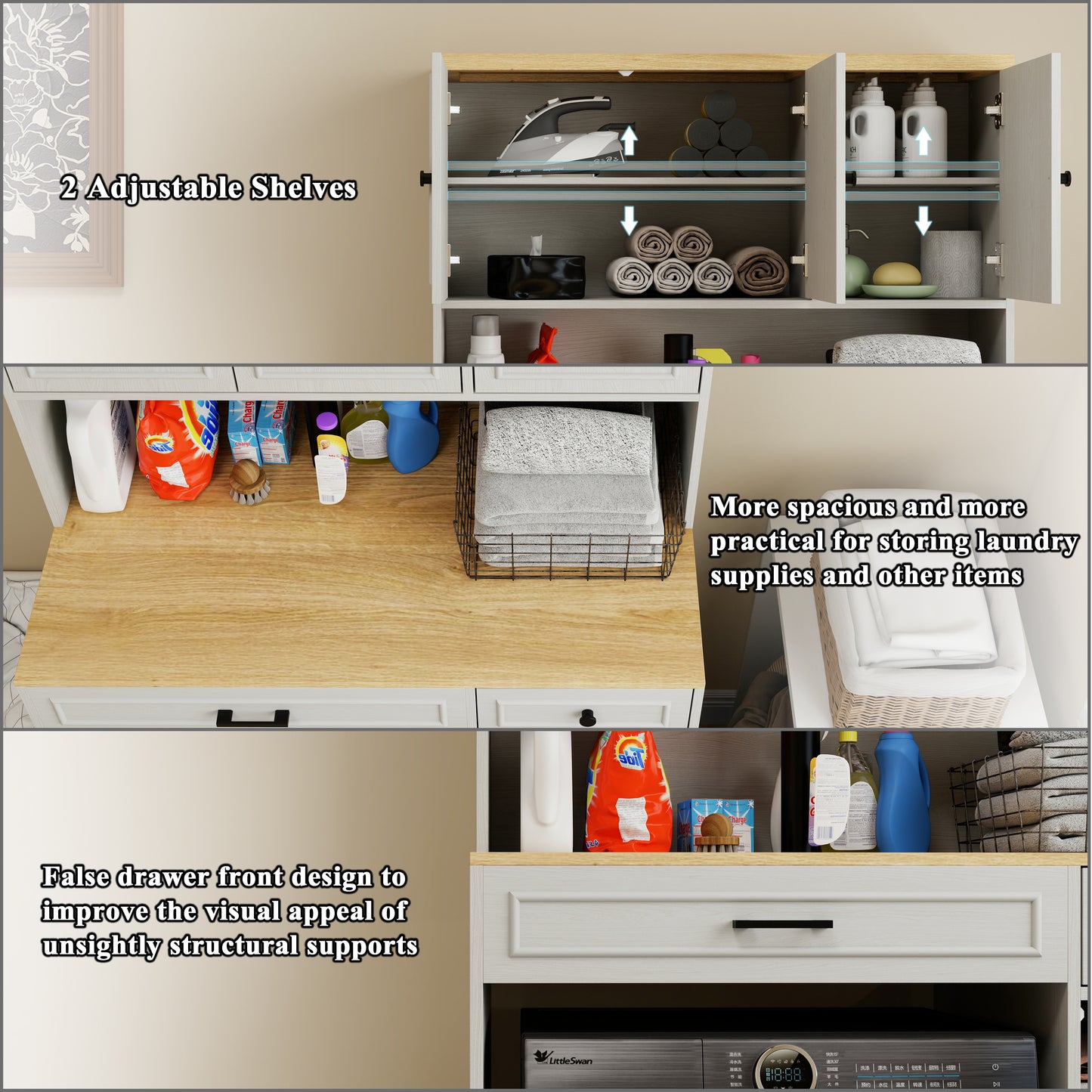 Over the Washer, Dryer and Robot Vacuum Storage Cabinet suitable for Compact Washing Machines, Laundry Room Storage Organizer with 1 Laundry Basket, 1 Drawer and 2 Adjustable Shelves-Antique White image 7