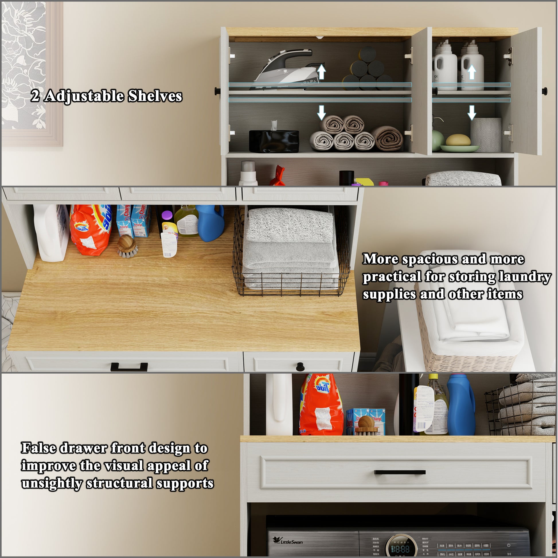 Over the Washer, Dryer and Robot Vacuum Storage Cabinet suitable for Compact Washing Machines, Laundry Room Storage Organizer with 1 Laundry Basket, 1 Drawer and 2 Adjustable Shelves-Antique White image 7