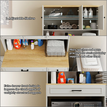 Over the Washer, Dryer and Robot Vacuum Storage Cabinet suitable for Compact Washing Machines, Laundry Room Storage Organizer with 1 Laundry Basket, 1 Drawer and 2 Adjustable Shelves-Antique White image 7