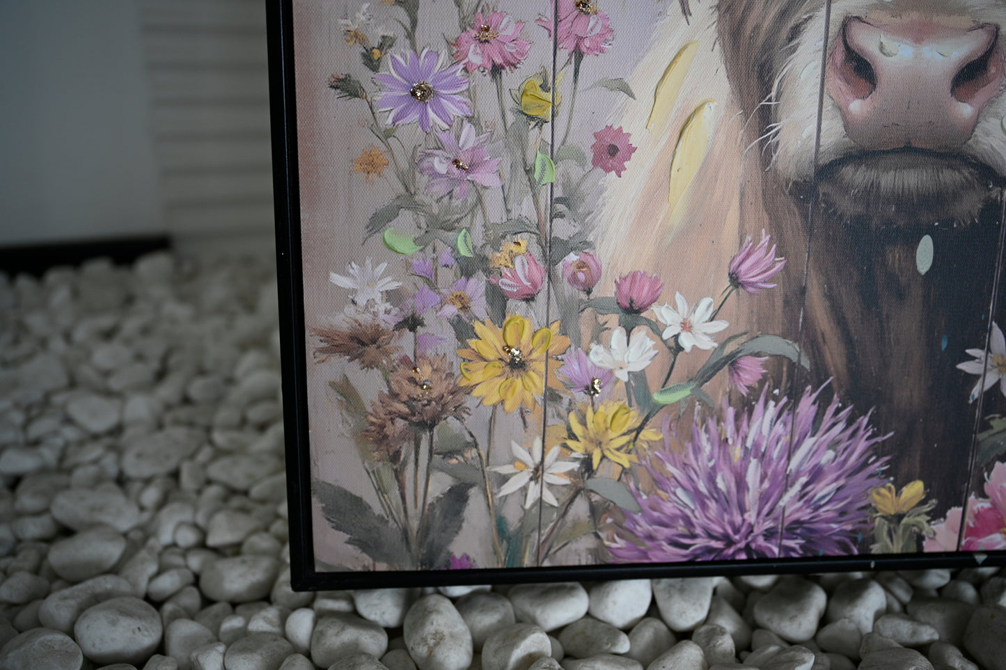 Farmhouse Highland Cow Wall Decor in Neutral colour: Rustic Cow and Chrysanthemum picture Canvas Art Print, Gift for Bathroom or Kitchen, Ideal Animal Artwork for Living Room 24*24INCH image 8