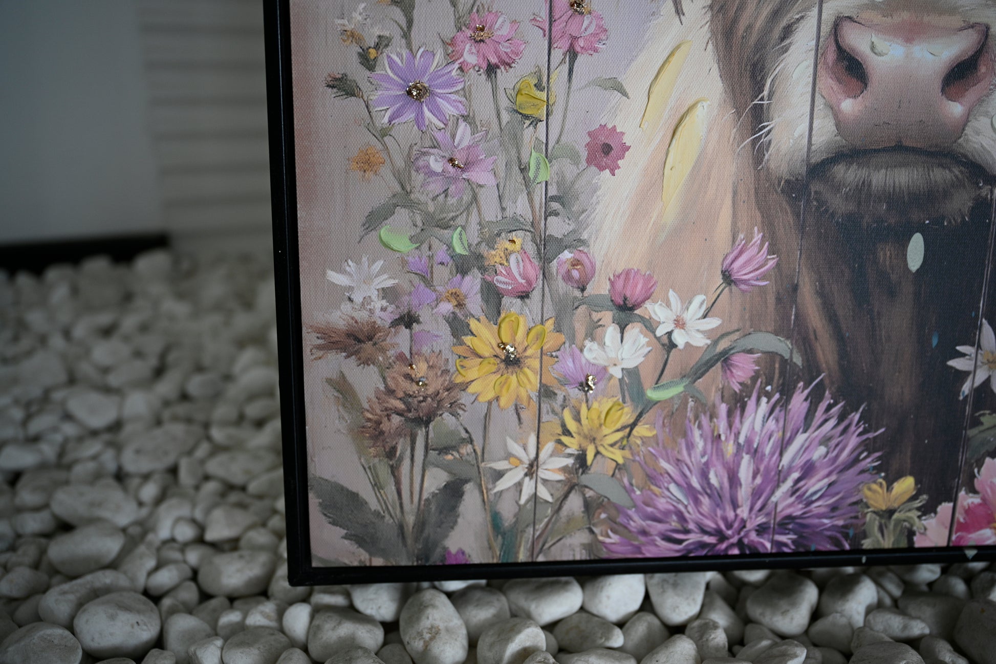 Farmhouse Highland Cow Wall Decor in Neutral colour: Rustic Cow and Chrysanthemum picture Canvas Art Print, Gift for Bathroom or Kitchen, Ideal Animal Artwork for Living Room 24*24INCH image 8