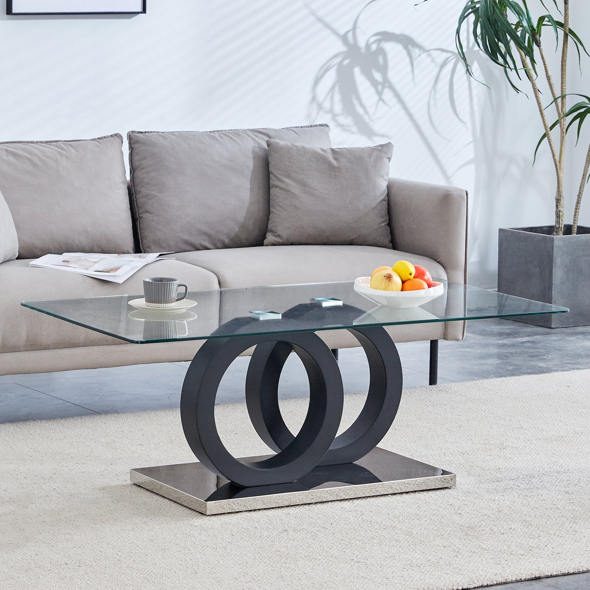 Modern Style Glass Top MDF Coffee Table with Black Base, Suitable for Living Rooms and Lounge Areas, with Product Dimensions of 47.2*25.6*17.8Inches. image 1