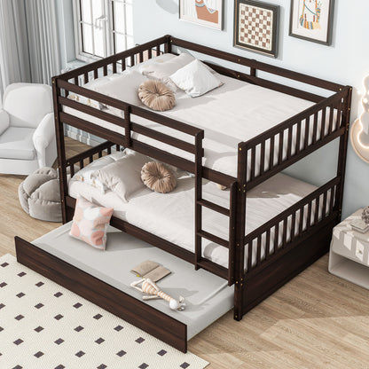 Full Over Full Rubber Wood Bunk Bed with Trundle, Ladder and Guardrails, Convertible to 2 Full Size Beds, with Twin Size Trundle,Espresso image 11