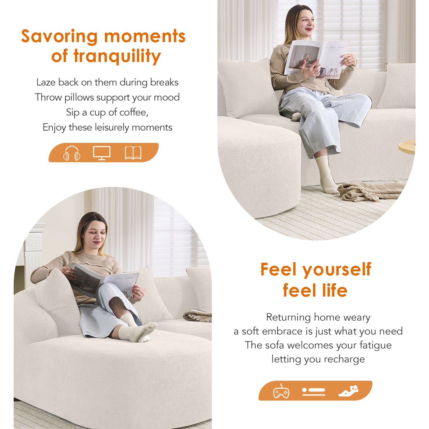 Boneless L-Shape Sectional Sofa with Curved Chaise,White Modular Chenille Compression Couch,30D High-Density Foam,Minimalist Modular Couches Sleeper for Living Room Bedroom Apartment Lounge. image 3