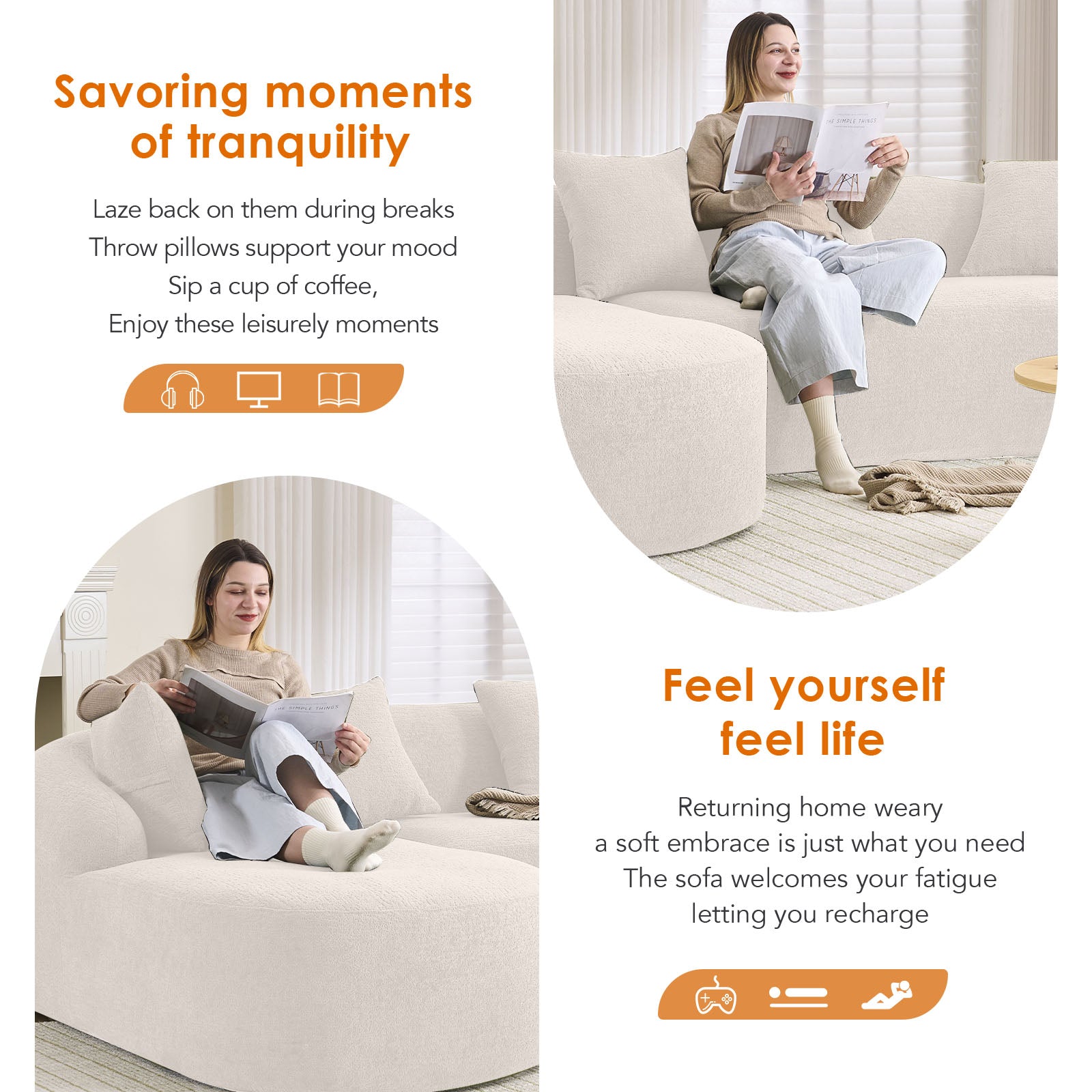 Boneless L-Shape Sectional Sofa with Curved Chaise,White Modular Chenille Compression Couch,30D High-Density Foam,Minimalist Modular Couches Sleeper for Living Room Bedroom Apartment Lounge. image 3