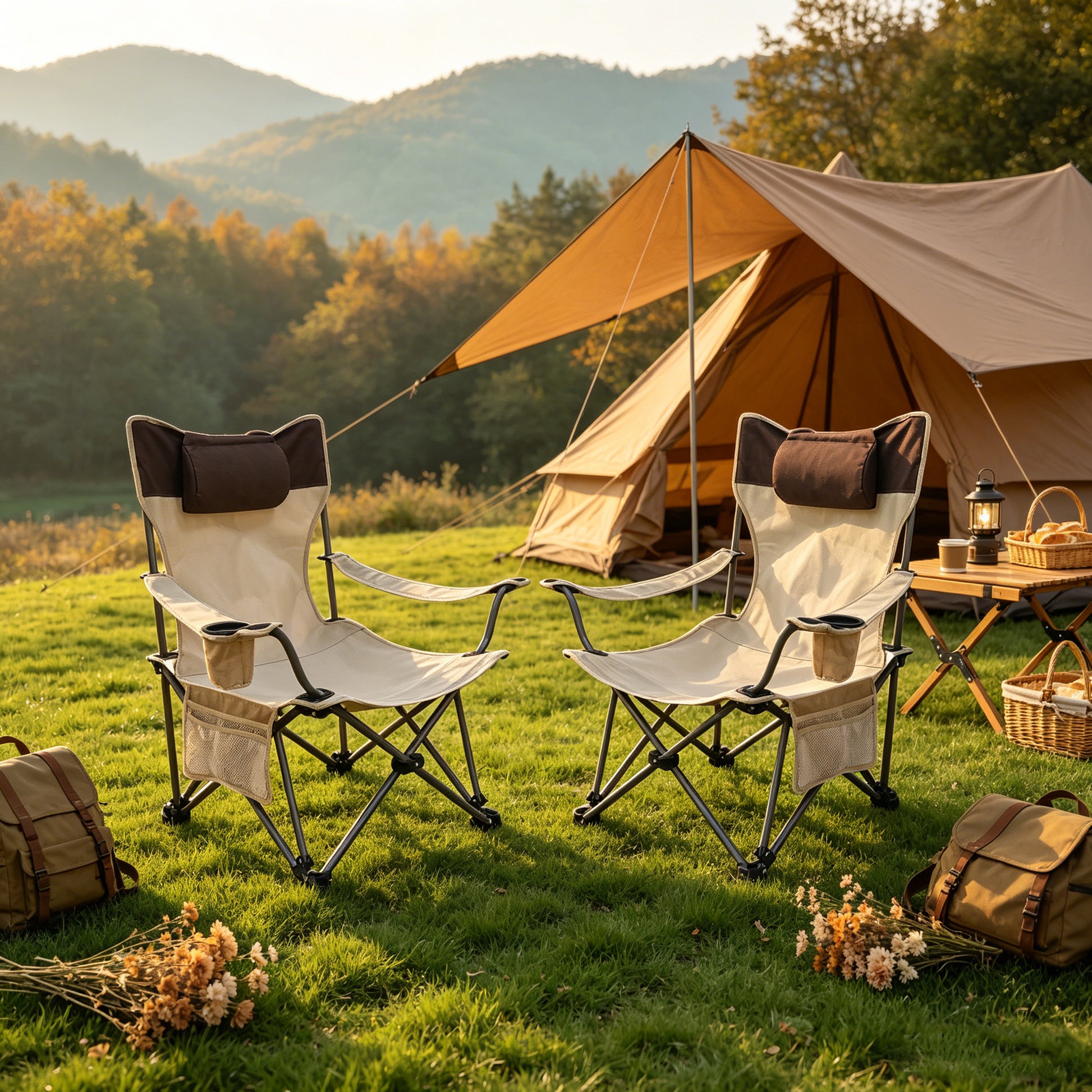 2PCS Outdoor Camping Chairs Folding/Portable/Adjustable reclining chair(Three-level adjustment), Side Pockets & Cup Holder,Carry Bag,Beige image 6