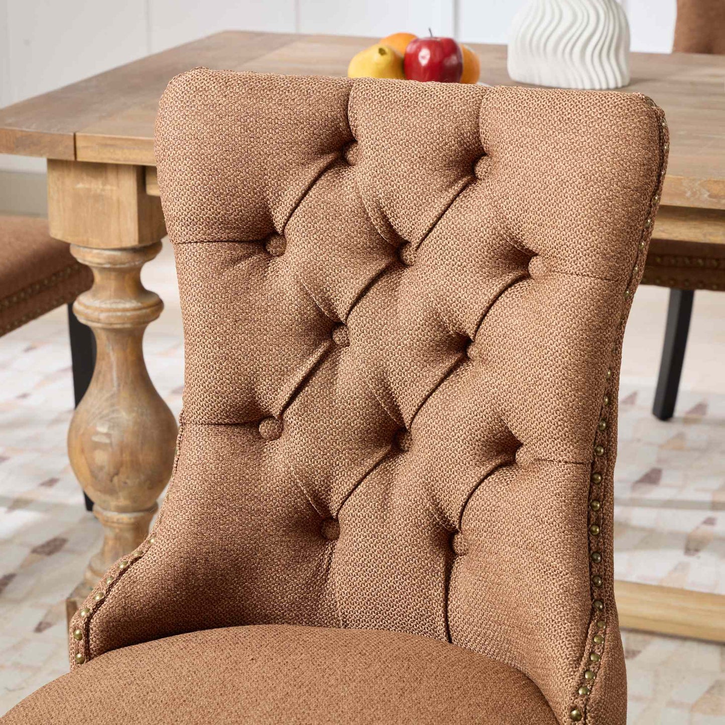 Nikki Collection Modern, High-end Tufted Solid Wood Contemporary Flax Upholstered Linen Dining Chair with Wood Legs Nailhead Trim 2-Pcs Set,Coffee color, SW6801CF image 10