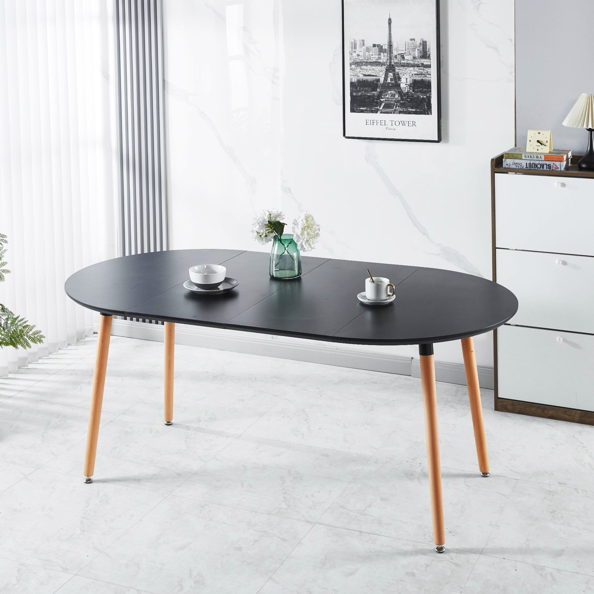 Extensible table,DINING TABLE,OFFICE TABLE,COFFEE TABLE,wood leg,MDF top,100/140/180x100x75cm,black color image 1