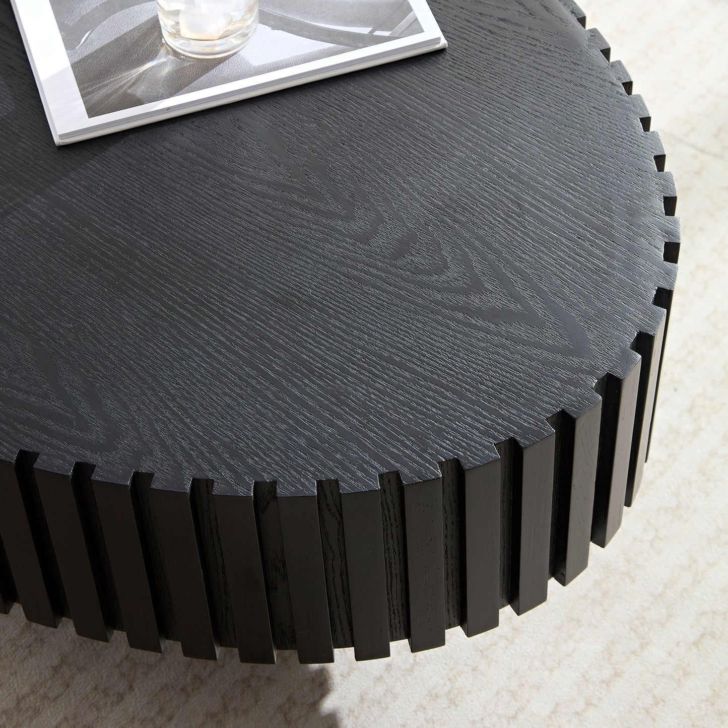 Modern Handcraft Drum Coffee Table Length 43.7 inch Ellipse Coffee Table for Living Room,Oval Small Coffee Table with Sturdy Pedestal,Black MDF image 7