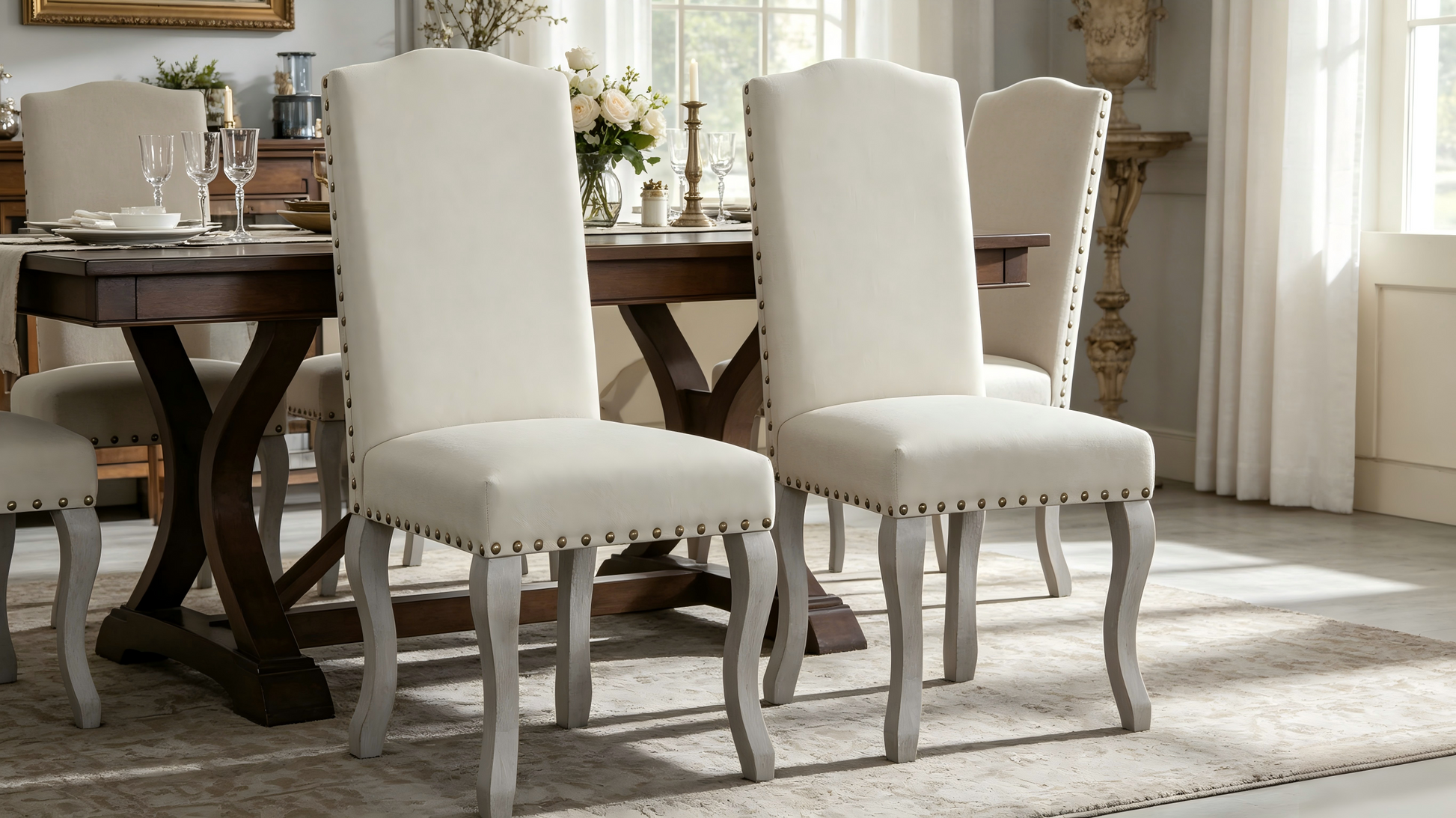Set of 2 Light Beige Linen Upholstered Dining Chairs, Nailhead Trim Accent Side Chairs with Solid Wood Legs, Easy Assembly for Dining Room Kitchen Bar image 2