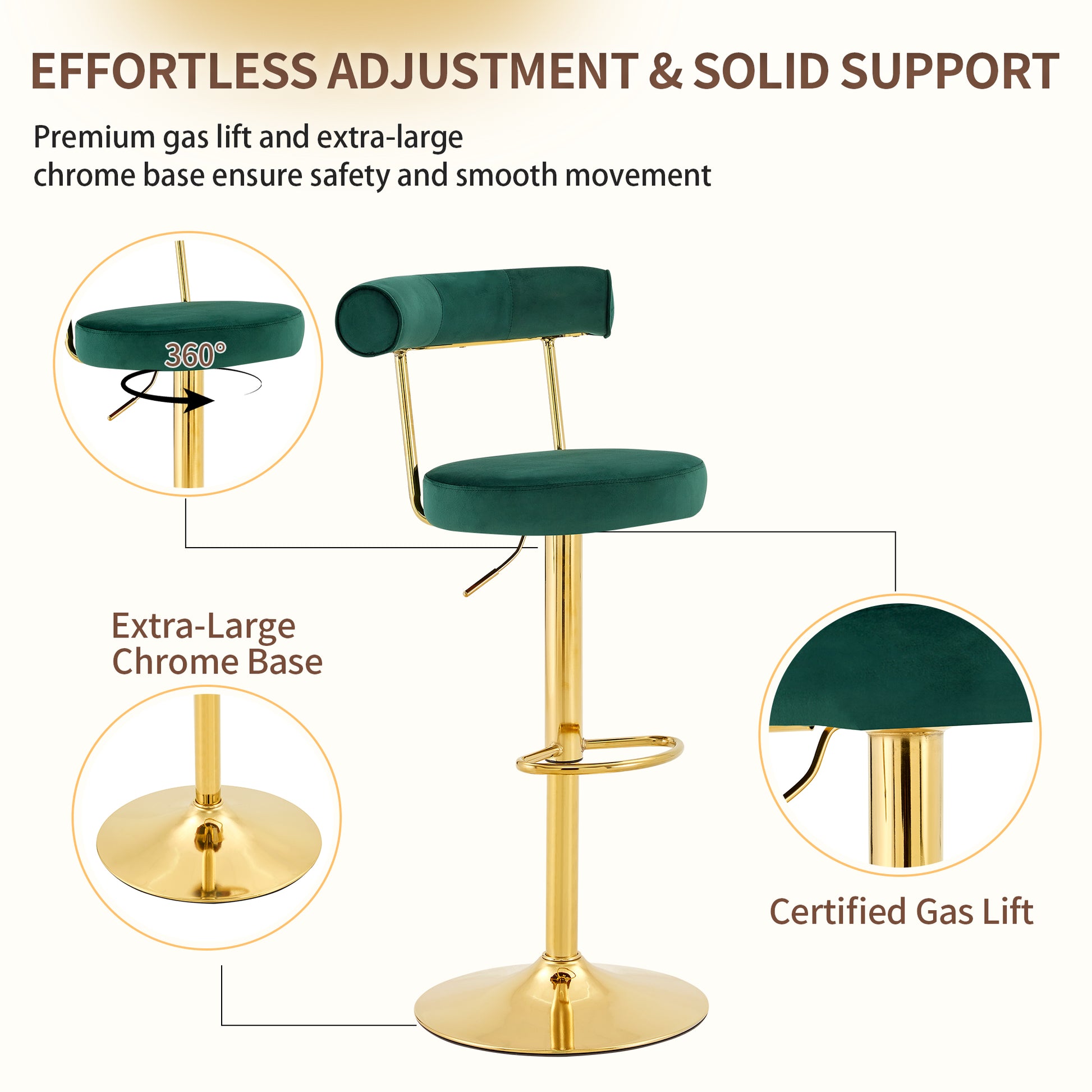 Soft Velvet Upholstered Swivel Adjustable Bar Chair with electroplated gold legs- Dining Room Living Room Bar Cafe Reception Desk Bar Stool(Dark Green, Set of 2) image 5
