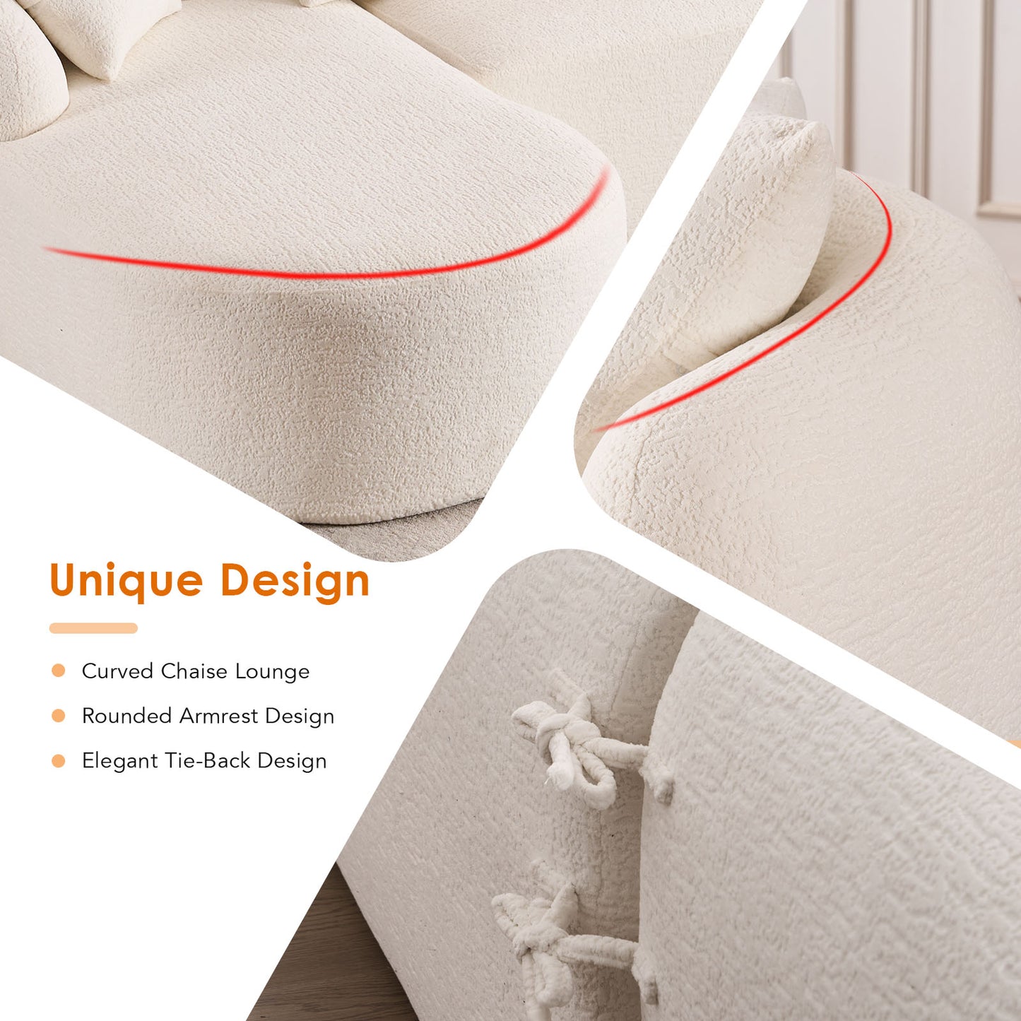 Boneless L-Shape Sectional Sofa with Curved Chaise,White Modular Chenille Compression Couch,30D High-Density Foam,Minimalist Modular Couches Sleeper for Living Room Bedroom Apartment Lounge. image 4