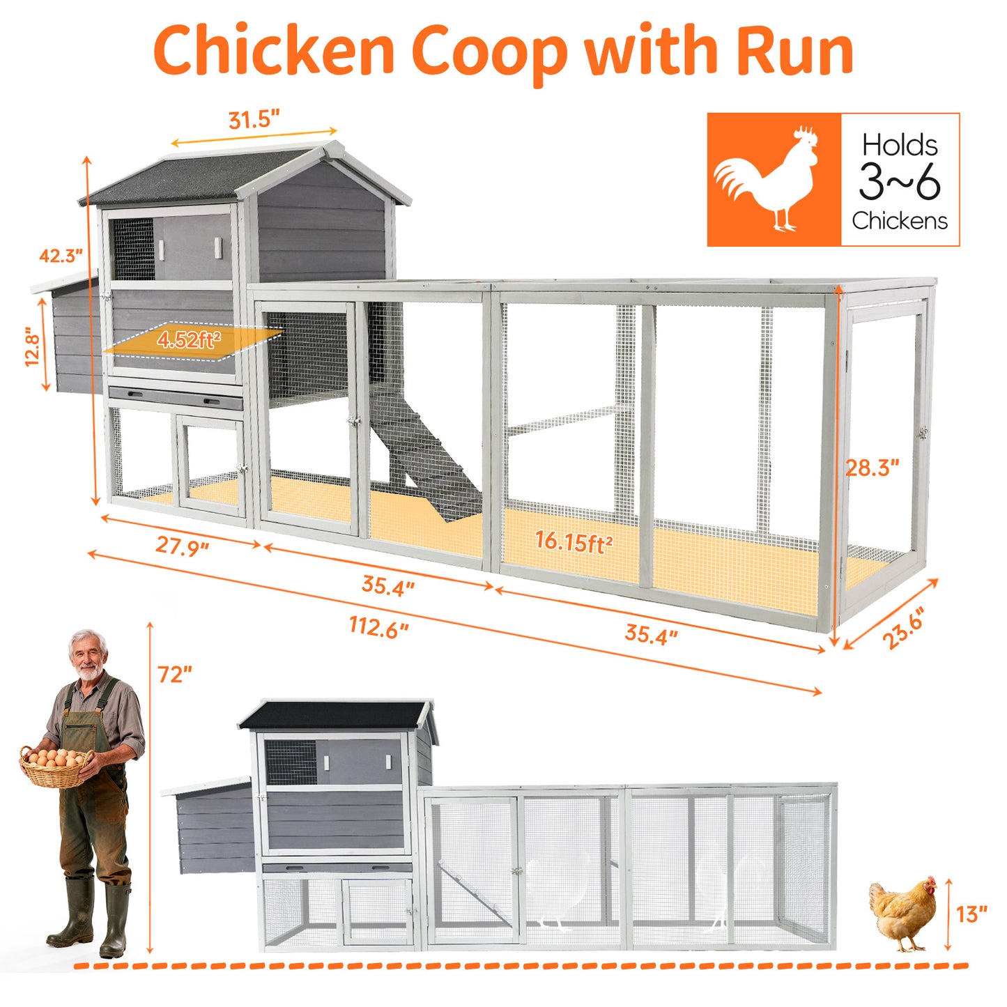 Gray Wooden Chicken Coop, Large Outdoor Hen House with Run and Nesting Box Poultry Cage, Rabbit Hutch, Waterproof Anti-UV Panel for Backyard image 9