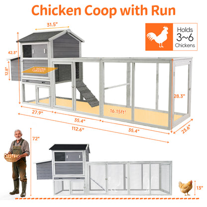 Gray Wooden Chicken Coop, Large Outdoor Hen House with Run and Nesting Box Poultry Cage, Rabbit Hutch, Waterproof Anti-UV Panel for Backyard image 9
