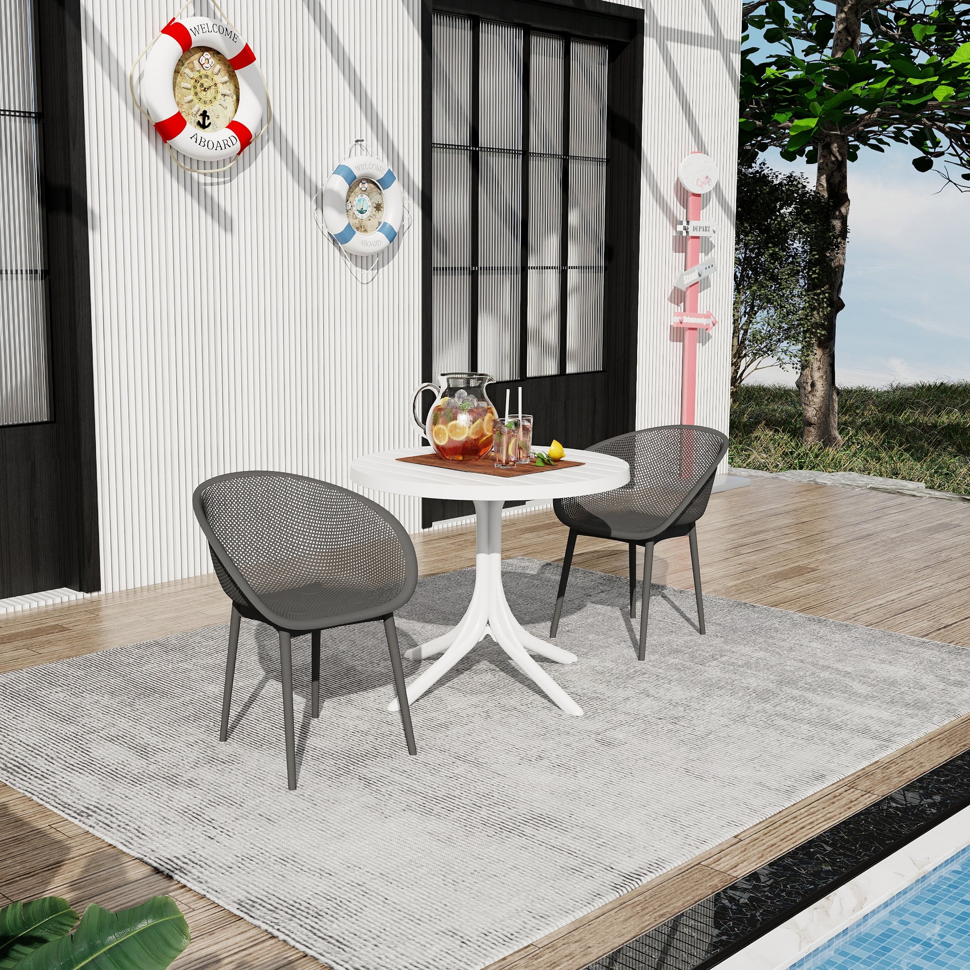 Summer - 2-Pack Warm Grey Modern Lounge Chairs – Indoor/Outdoor All-Weather PP Plastic with 36 Inch Indoor/Outdoor Modern White Round PP Table image 1