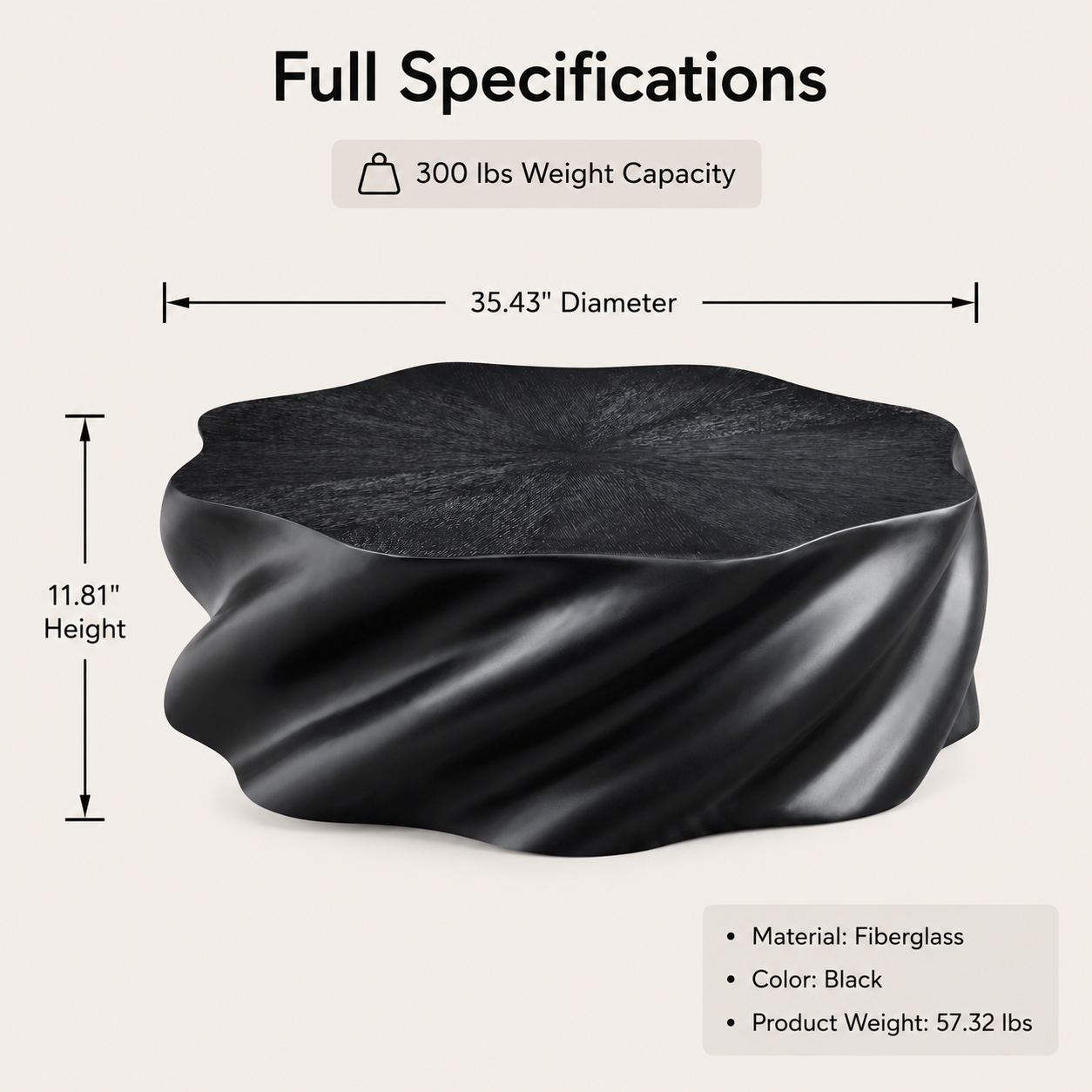 35" Fully Assembled Petal Coffee Table – Sculptural Matte Black Fiberglass, Modern Organic Design, No Assembly, Multi-Scene Center Table image 8