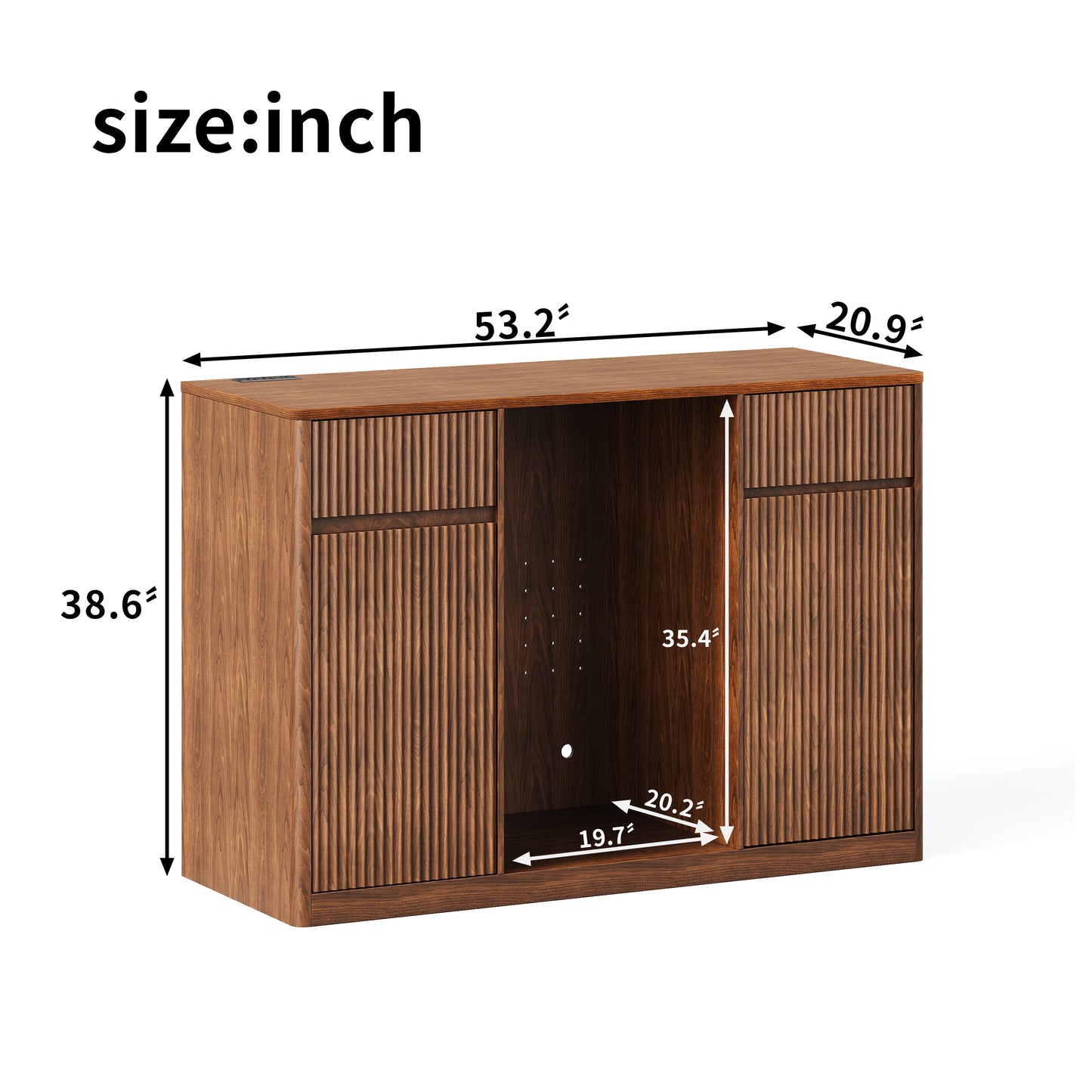 53'' Fluted Bar Cabinet with Fridge Space (Fridge Not Included), Modern Coffee Station with Charging Hub & Wine Glass Rack, Walnut Buffet Sideboard for Home Beverage & Liquor Storage. image 8