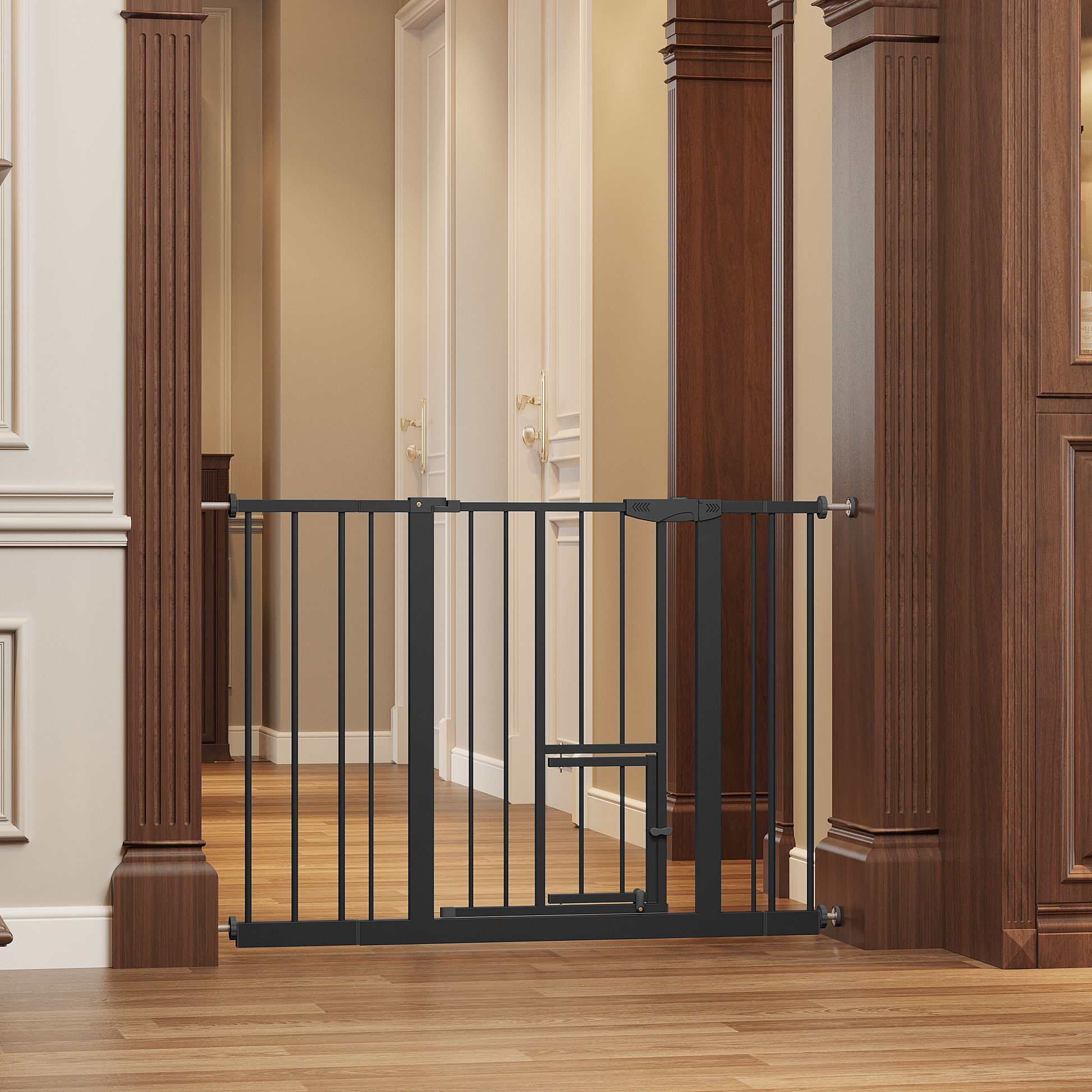 Baby Gate with Cat Door, 29.5-44.1" Metal Pet Door for Stairs & Doorways,Pressure Mounted,No Tools Needed, Black image 5