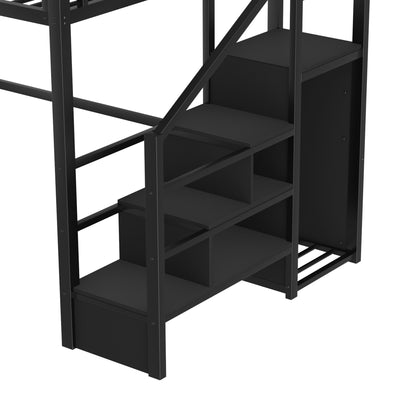 Full Size Loft Bed with Stairs, Metal Full Loft Bed with High and House Shaped Guardrails, High Loft Bed with Wardrobe for Kids Teens, black(Old SKUW2593S00055) image 12