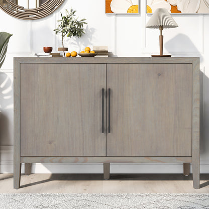 U_STYLE 47.25-Inch Farmhouse Sideboard with Pine Veneer and 2 Doors, Retro Buffet with Adjustable Feet, Minimalist Wooden Storage Cabinet with Metal Handles for Living Room, Kitchen image 1